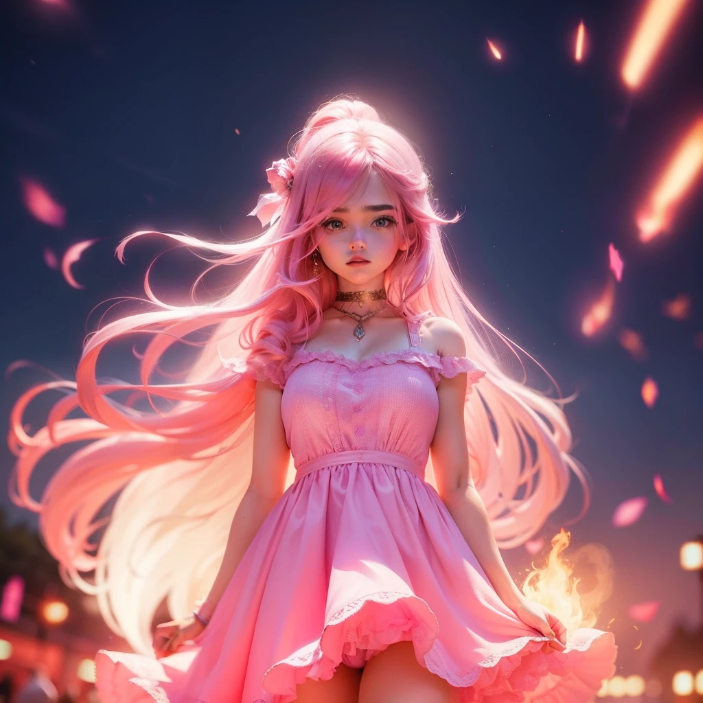 A pretty cute girl standing on fire, wearing a pink dress, pink long hair, pink theme, high quality pictures, highly detailed, perfect face, pretty face, pretty body