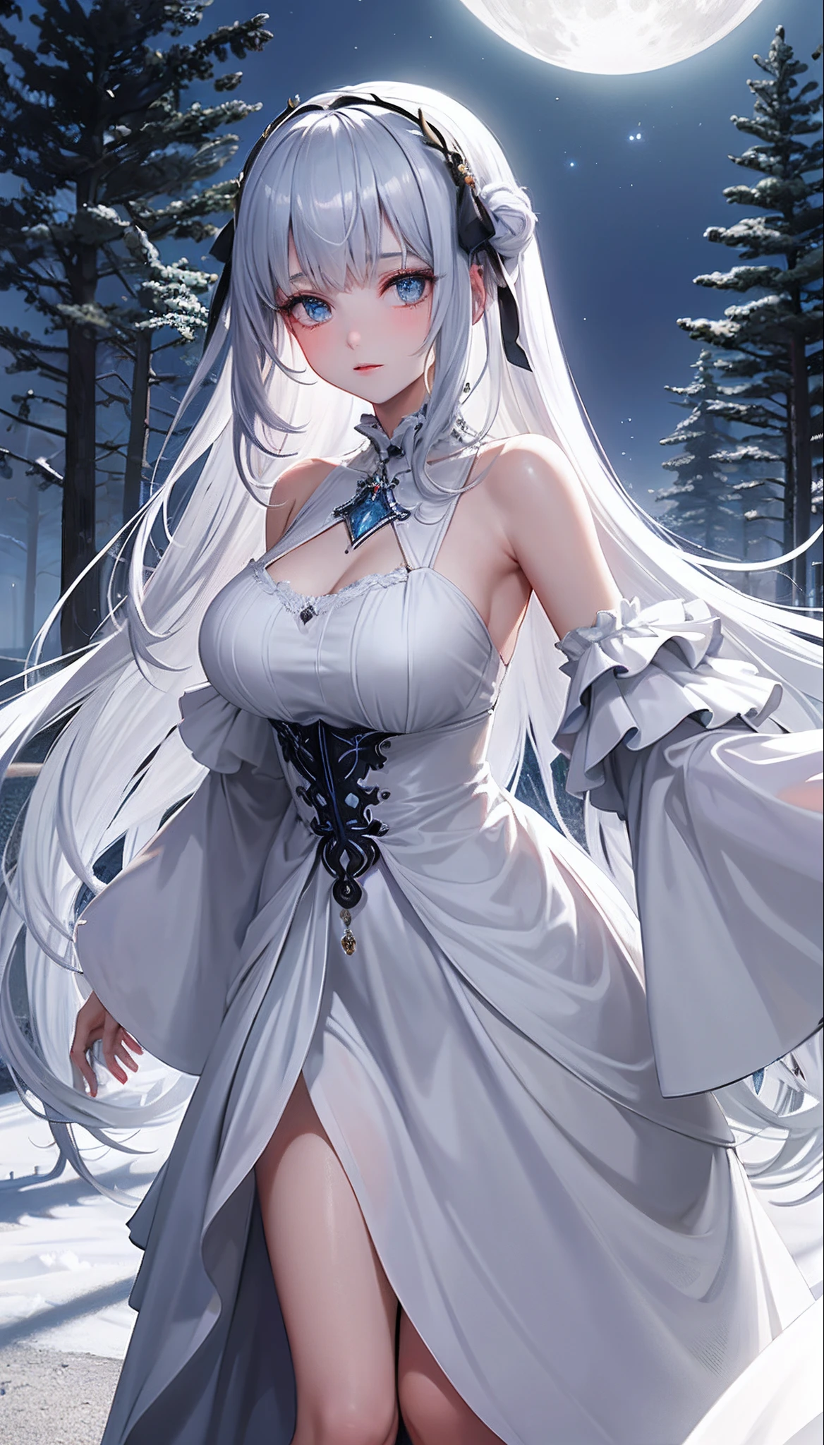 Paradise in Heaven, White lighting,(muste piece), (best quality), (cinematic), 8K, (art station),(長いwhite hairとSilvery eyesを持つ1人の女), (beautiful delicate face)、[Frozen trees々], [landscape crystal], [lighting], [Ethereal Atmosphere:1.1], [fantasy, short story] ,[soft なlighting] 、(+cinematic shot:1.2)、 [+art station] 、[+luminous white background] 、 [soft glow] 、(Creative and dynamic angles:1.3), [+Crystal Toning] 、muste piece, very detailed, Super detailed, solo, (pale skin), Silvery eyes, white hair, (snow background), (snowflake rosen flower:1.0), (shining crystal), (Snowy ground), (White lashes), sexy woman、dreamy and detailed, Gorgeous setting, 妖しい雰囲気 muste piece, The most beautiful scenes, majestic、(((full of white flowers)))、quiet and serene atmosphere、attractive, all white tones,Inside the crystal library,Transparent flowers and falling snow，Many white roses are planted,(water flowing,waterfall,water bloom),The decoration is also carefully done.,dream（very detailedです，creative design，crisp and precise lines，K HD，best quality，master piece，超High resolution，In 4K）、Diverse poses、((beautiful white flower hair ornament))、beautiful hairstyle、(best quality, In 4K, 8K, High resolution, muste piece:1.2), Super detailed, detailed expression, graceful posture, expressive brush strokes, mysterious atmosphere, artistic interpretation,Delicate floral jewelry， (((Detailed design、beautiful lace transparent dress、see-through small dress)))、(SFW:1.5), (oversized breasts, best body proportions, proportions of large breasts,:1.5),(white decoration on thigh)、((Beautiful crystal accessories on the legs))。((Beautiful crystal accessories on the arm))