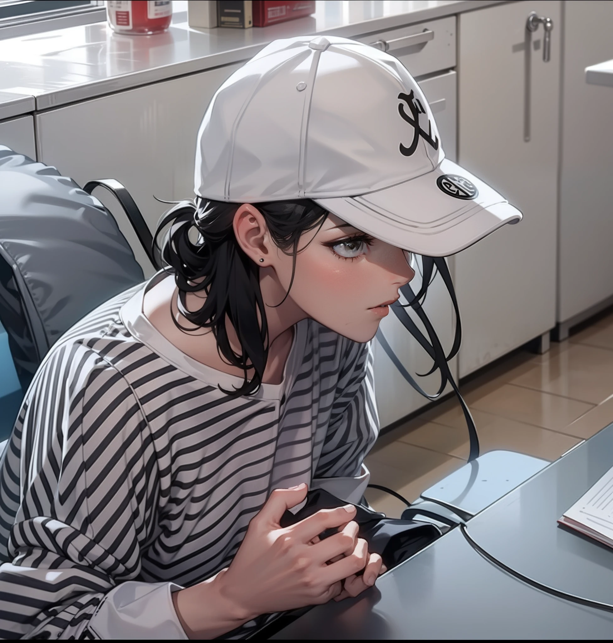 With baseball cap, Black and white striped top, big breast