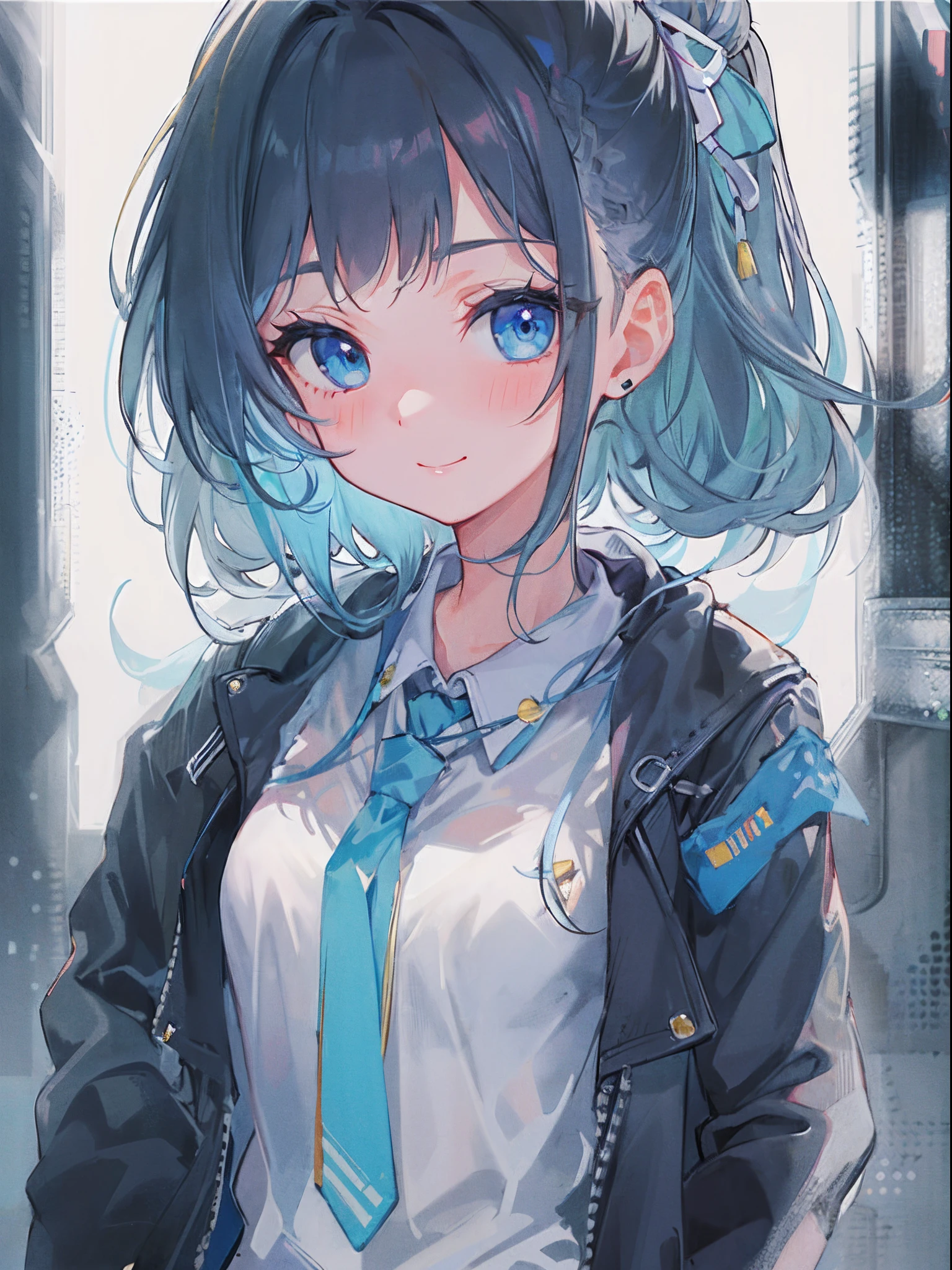 ((top-quality)), ((​masterpiece)), ((ultra-detailliert)), (extremely delicate and beautiful), girl with, 独奏, cold attitude,((Black jacket)),She is very(relax)with  the(Settled down)Looks,A dark-haired, depth of fields,evil smile,Bubble, under the water, Air bubble,bright light blue eyes,Inner color with light blue hair and dark blue tips,Cold background,Bob Hair - Linear Art, shortpants、knee high socks、White uniform like school uniform、Light blue ribbon ties、Clothes are sheer、Hands in pockets, chaina hair,Bun hair