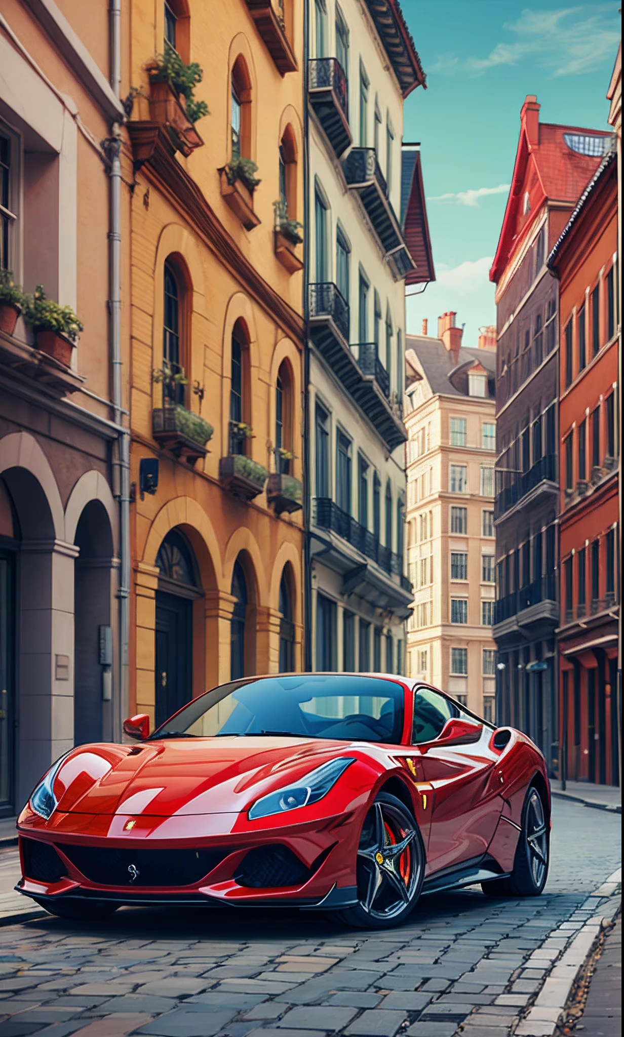 A red Ferrari is standing, and next to it stands a blonde woman in blue dress --auto --s2