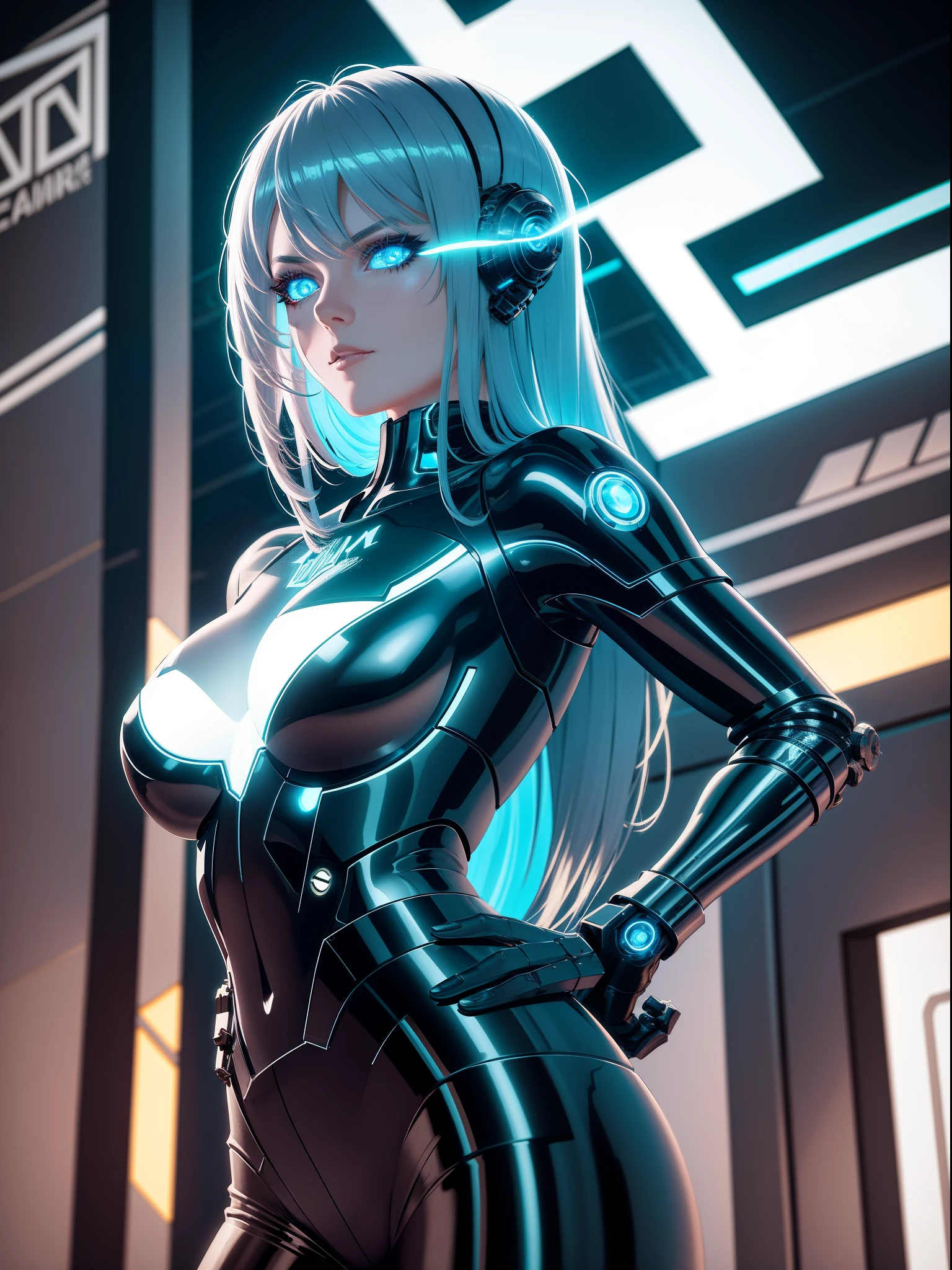 "Cyborg girl with metallic features, glowing blue eyes, and futuristic attire, in a dystopian cityscape at night. Add a sense of mystery and intrigue with a dark color palette, neon lights, and cyberpunk elements. Emphasize the contrast between technology and humanity, blending organic and mechanical elements seamlessly. Capture the essence of a cybernetic world with detailed textures, intricate circuitry, and reflections on the metallic surfaces. Aim for a high-quality and visually captivating illustration that showcases the futuristic cyborg concept."