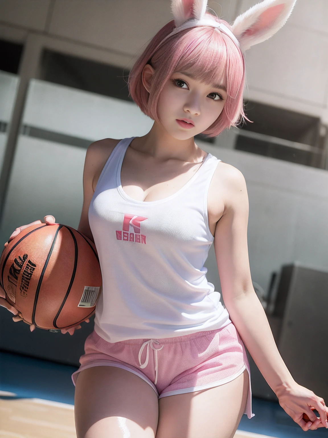 (masterpiece, best quality, cinematic, photorealistic, ultra-detailed), 1girl, Korean-looking girl, thick body, (wide shot, from behind:1.2), (smart-looking female student wearing a top basketball jersey, wearing basketball shoes:1.4), (pink hair, bob cut, with bangs:1.5), perfect hands, perfect face, (bursting and large chest, underboobs, long round legs, shiny legs, sexy legs:1.4), round ass, (seductive pose:1.2), (brown eyes, soft and shimmery eyeshadows, detailed pupils, defined eyelashes), (blushing, slightly parted lips, cherry lips, sweet smile:1.2), (gradient background:1.2), (standing, semi-naked), (sweating)