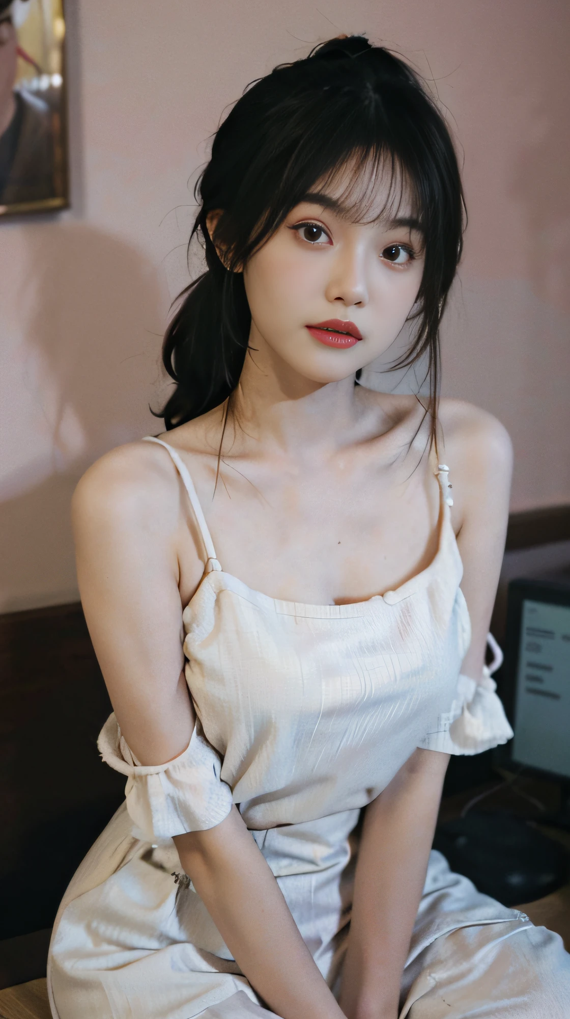 Portrait photography,1 girl,Bare shoulders,Lipstick,(Big breasts:1.4),Shoulder-length straight hair,earrings,Short sleeve,serene,calm,(Realistic and detailed eyes,Natural skin texture,Realistic facial details)Soft theatrical lighting,Depth of field bokeh,Vibrant details,Detailed and detailed,Surreal,35mm,hazy,,