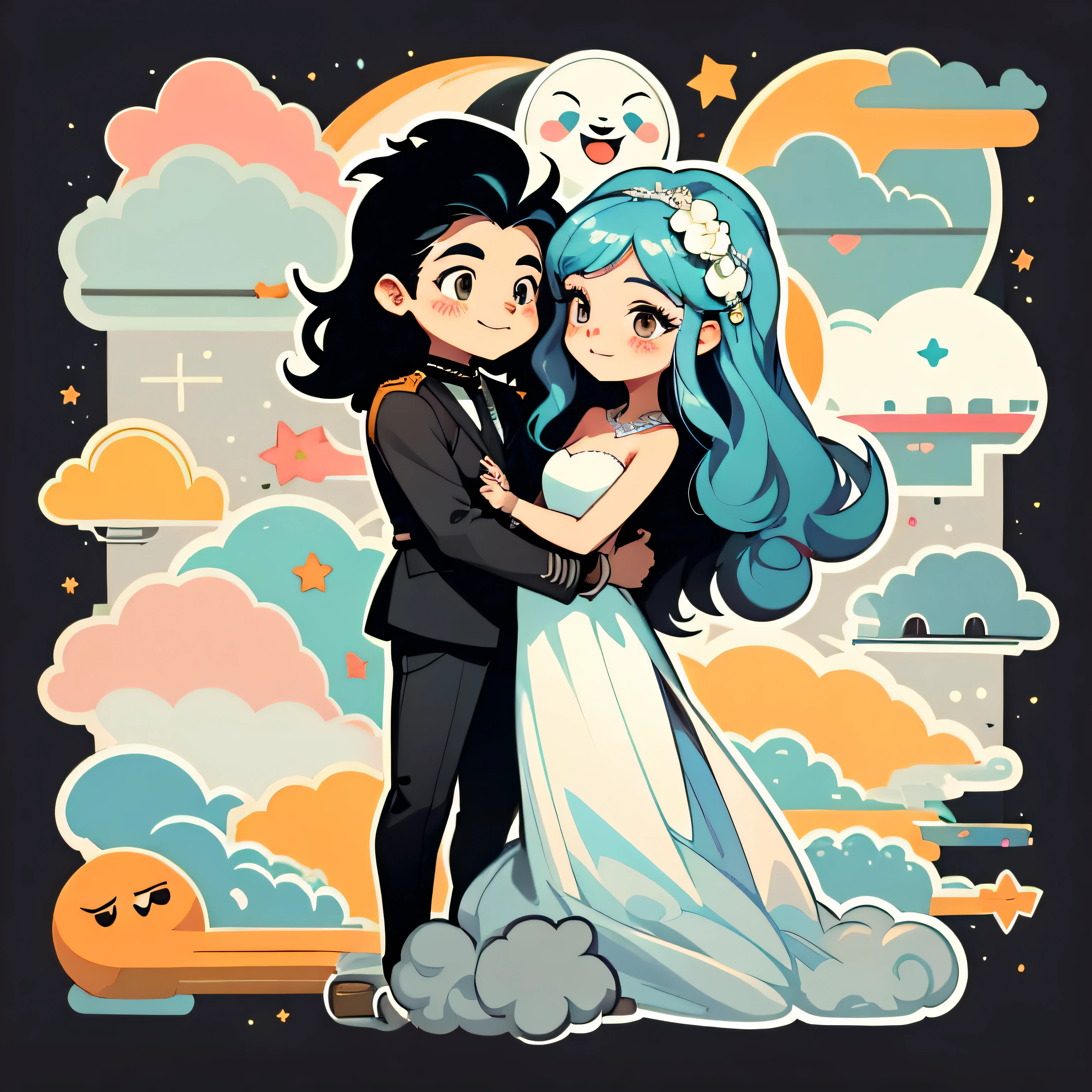 1sticker,a sticker, National style,(1 boy and 1 girl)(Cute girl),(Gorgeous wedding dress),(Modern wedding dress)(gorgeous hair accessory),(Girl with long black hair,He wears a large yellow garland),cheerfulness,SakuraNS,Clouds,Behind it is a huge round moon,stars, white backgrounid, nothing background, simple backgound, dk, delicated,adolable, Small, pastel colour, vectorstyle, no gradien