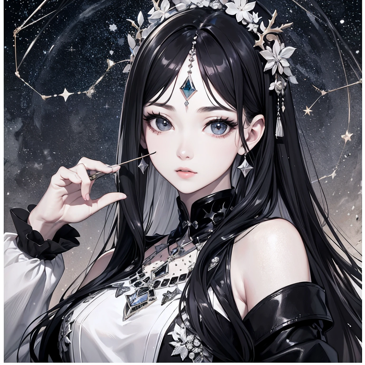 masterpiece、top-quality、hight resolution、High-quality images、8K、1womanl、detaileds、Detailed eye depiction、skin gloss、Lustrous black hair、Monochrome grayscale、Lisa、portlate、borders、Winter constellations、grass field