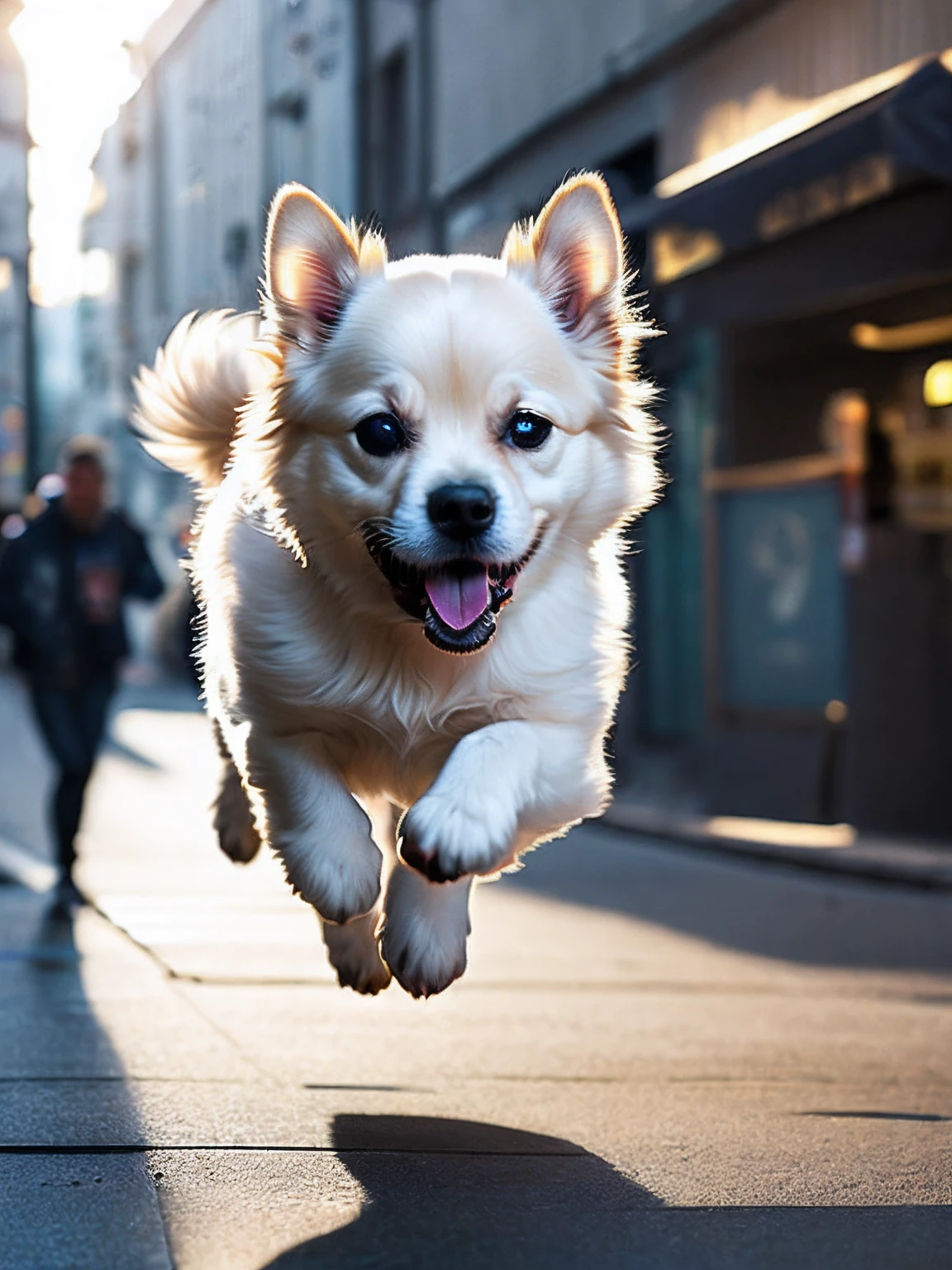 Close-up photo of a very cute jumping puppy on the street、blanche、Soft volumetric light、(back lighting:1.3)、(movie:1.2)、intricate-detail、(art stations:1.3)、rutkowski,Dog with bones,Put the bone in your mouth