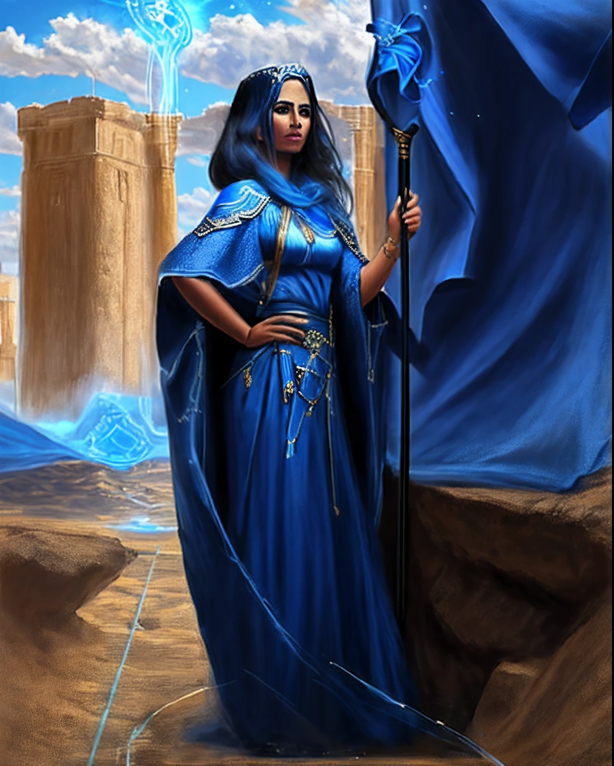 Arafed Woman in a blue dress holding a cane in a desert area, azul, elfic priestess, Mujer hechicera, Magic The Sorceress Gathering, Maya Ali como D&D Hechicero, Maga femenina, Hechicera nigromante, flowing robes, hechicera, Maga femenina conjurando un hechizo, Maga de la Tierra