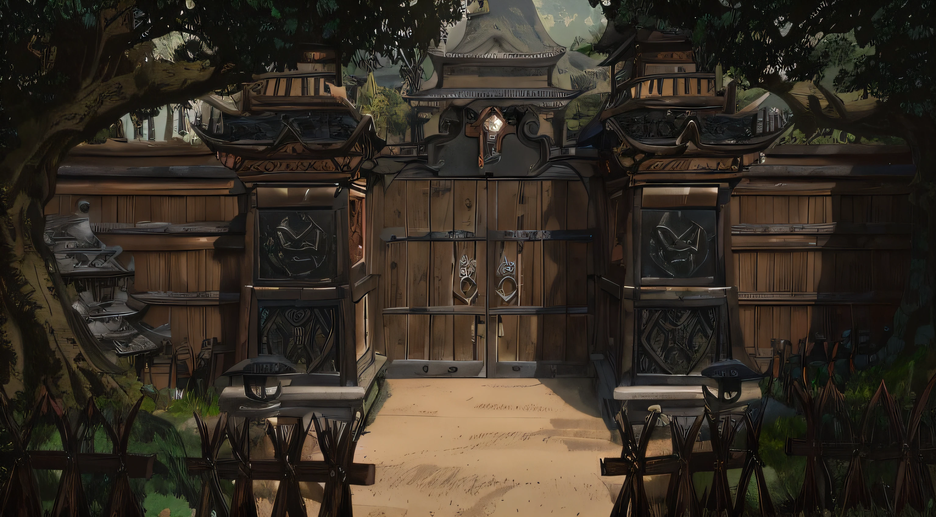 There is a picture of a gate with a wooden fence, painted as a game concept art, arte de fundo, 2d game environment design, mysterious temple setting, Detailed game art, legend of korra setting, random background scene, scenery game concept art, Temple background, large gate, secret entrance, Onmyoji detailed art, background artwork, Riot game concept art