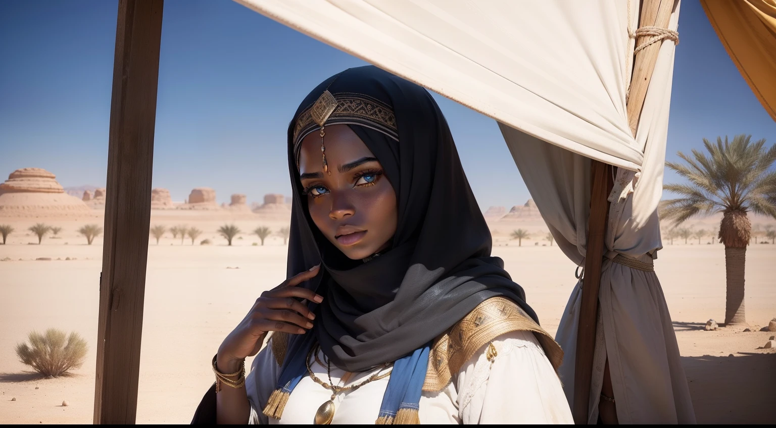Black woman in clothes from biblical times, blue eyes living in a Bedouin tent, desert palm trees