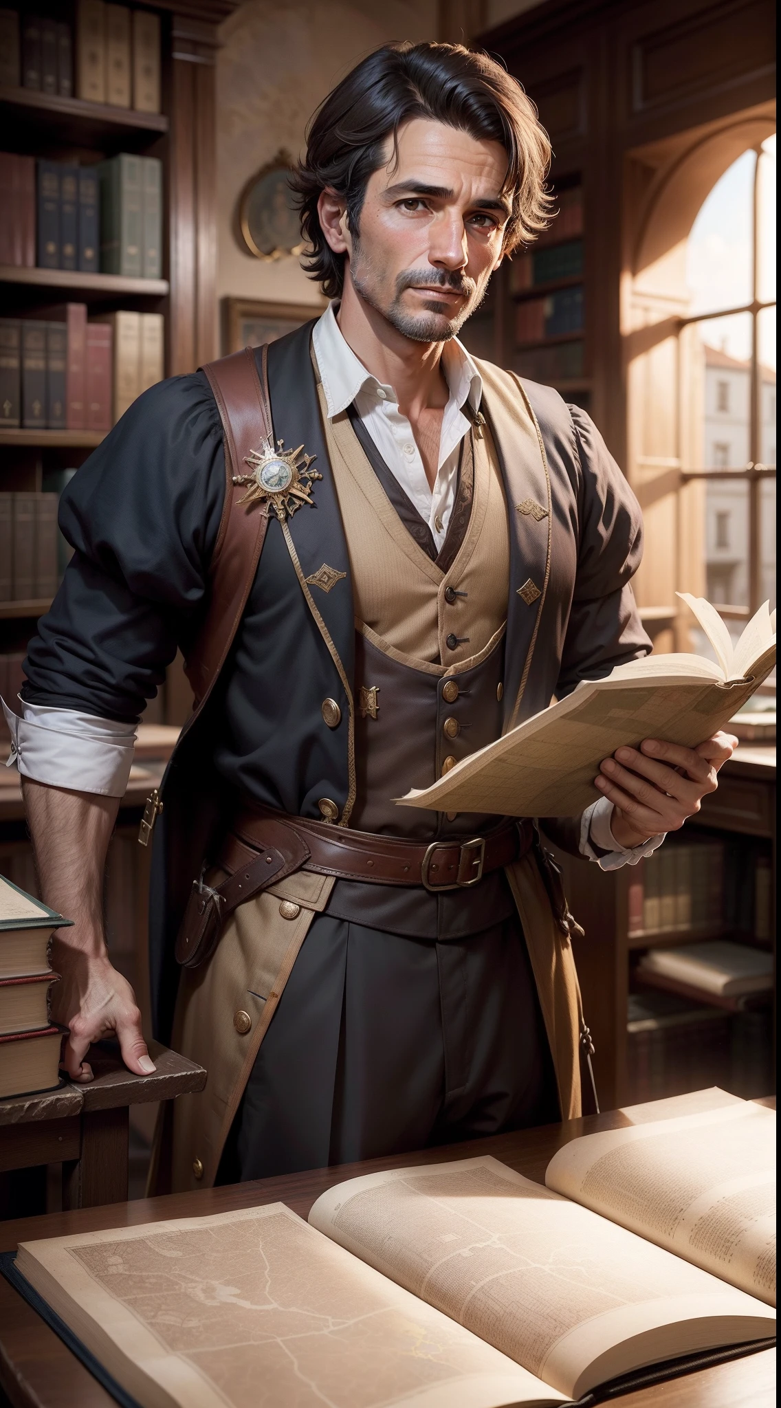 Diogo Ribeiro, mapmaker clothes, Portuguese, age of 40, delicate, man, male, age between middle-aged and old, talented, knowledgeable, accurate skills, 16th century, renaissance, age of exploration, library in background, map in background