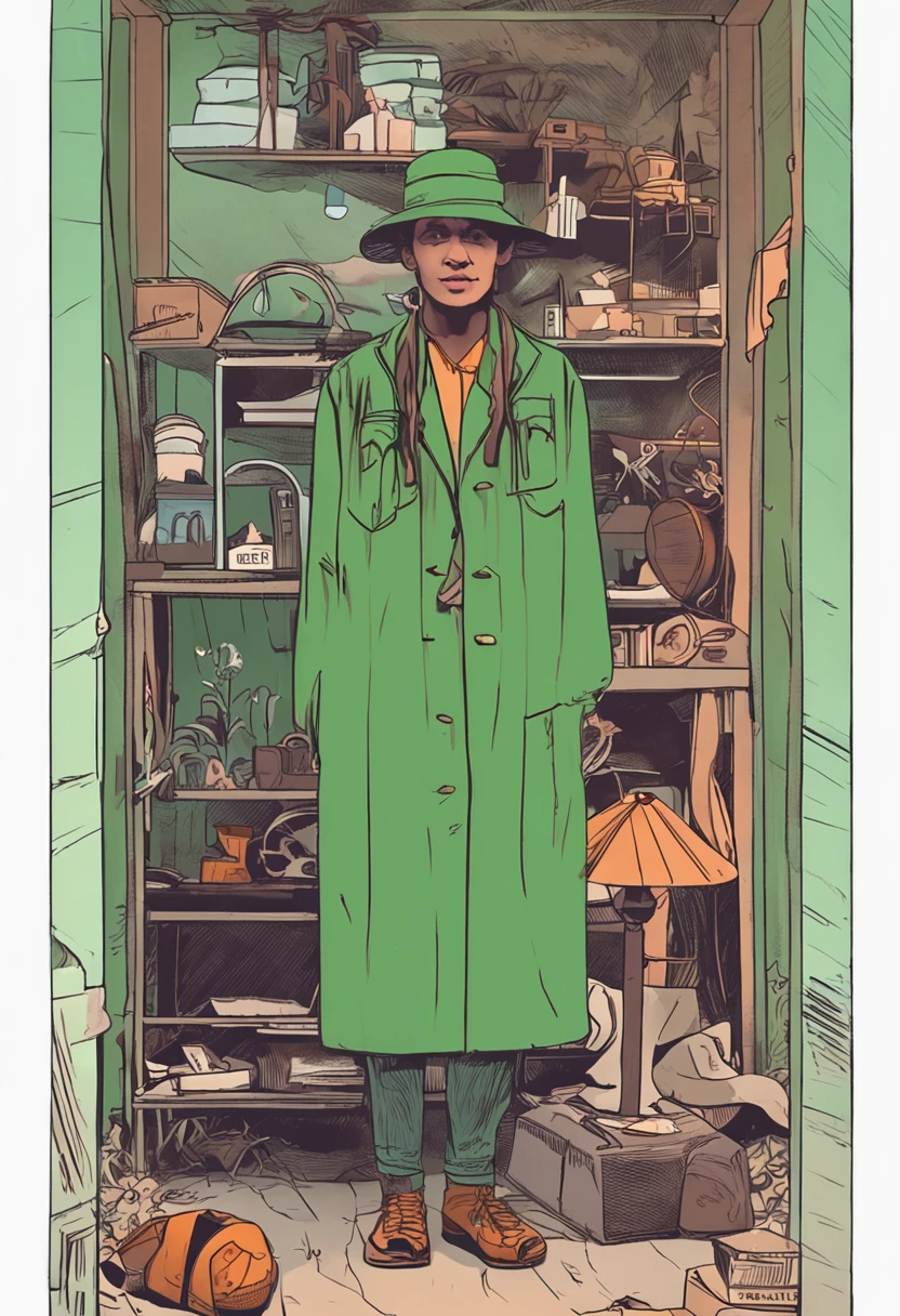 Green overalls,The hat is the silhouette of Sycamore Mountain