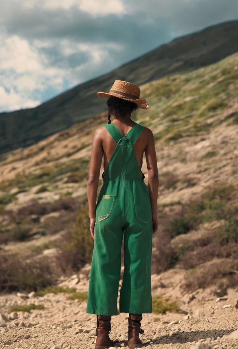 Green overalls，The hat is the silhouette of Sycamore Mountain