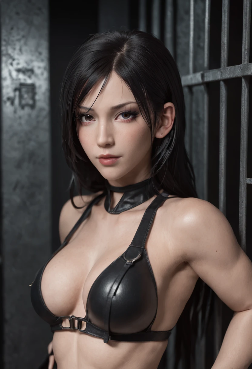 sexy woman in a black bikini posing in a jail cell, seductive tifa lockhart portrait, tifa lockhart, tifa, tifa lockhart portrait, portrait of tifa lockhart, glamorous tifa lockheart, seductive anime girl, extremely detailed artgerm, jet black haired cyberpunk girl, tifa lockheart, range murata and artgerm, commission for high res