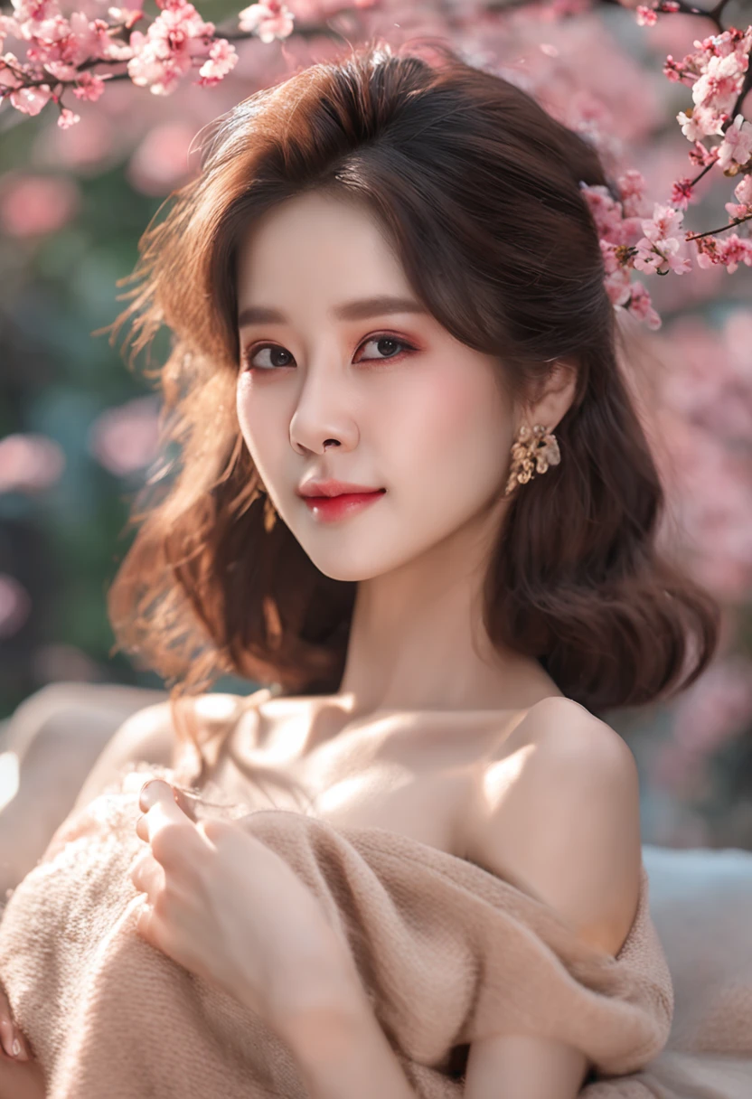 Gentle and charming Chinese beautiful woman, upper body photo, exquisite and sexy collarbone, charming oval face, double eyelids, smart peach blossom eyes, pink lips, small nose, bare shoulders, focused face, face close-up, ultra-high-definition, Super detailed, elegant standing, super sweet mohair sweater, the loose style can best cover the small belly and slimming! It looks great with a skirt and looks tall