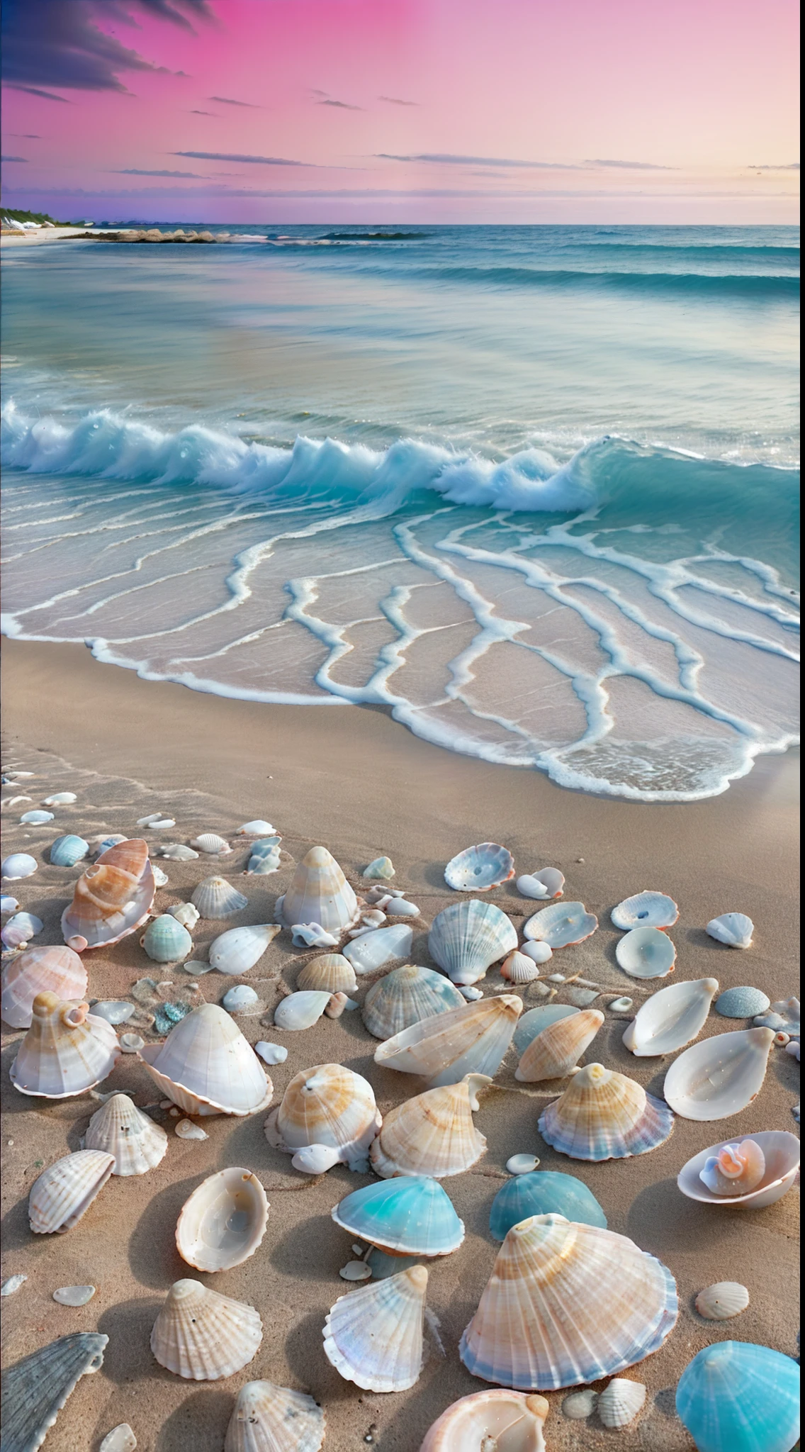 Photograph the beach and its shells from a distance,Great farewell，Ultra-clear，Realistis，The proportions are correct，breath-taking beautiful beach, Magical beach,The shells on the beach are like crystals， Beautiful beach, Sea glass, breathtaking colors, Crystal clear sea, Seafront, Beautiful wallpaper, sand and sea, Beautiful colors, pink white turquoise, Amazing wallpapers, sea of parfait, with beautiful colors, beautiful sea landscapes, Beautiful nature, serene colors
