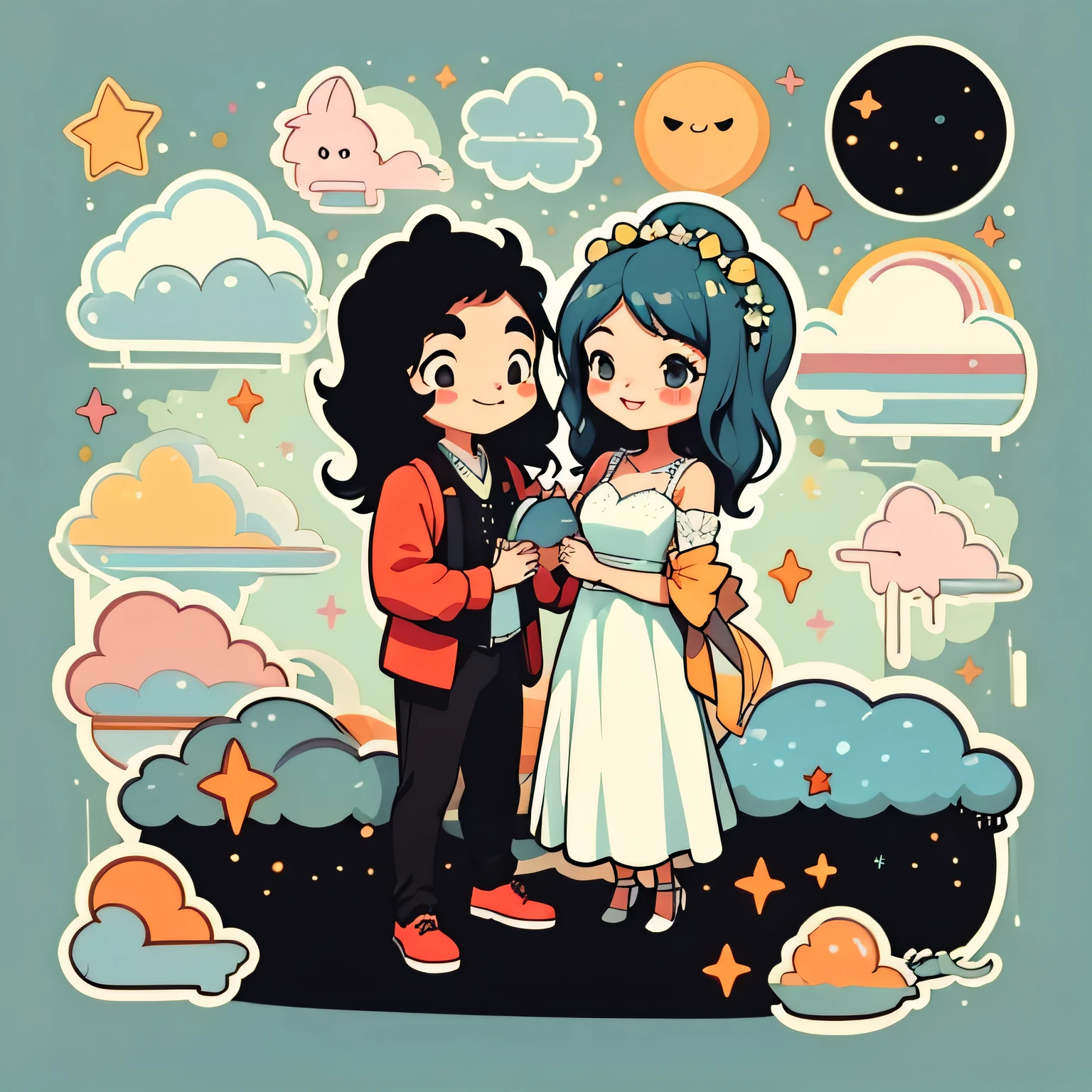 1sticker,a sticker, National style,(1man 1girl)(cute-style),(Gorgeous wedding dress),(Modern wedding dresses),(Female long black hair,On his head he wears a large yellow garland),cheerfulness,SakuraNS,Clouds,Behind it is a huge round moon,stars, white backgrounid, nothing background, simple backgound, dk, delicated,adolable, small, pastel colour, vectorstyle, no gradien
