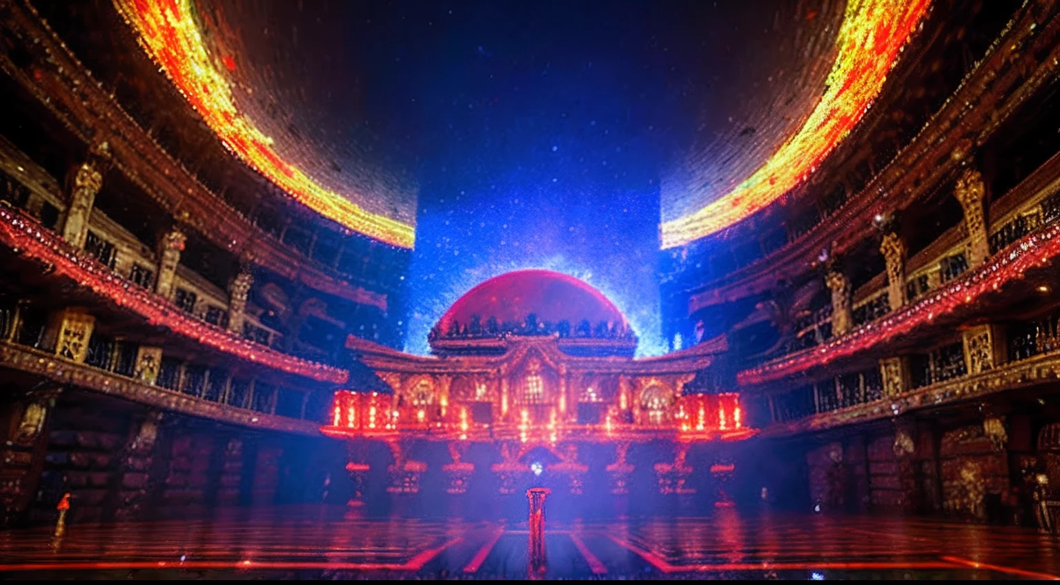 pixel game,scenography,fantastical scenes,Red Moon,Space Opera House,levitating, Pixel art #pixelart