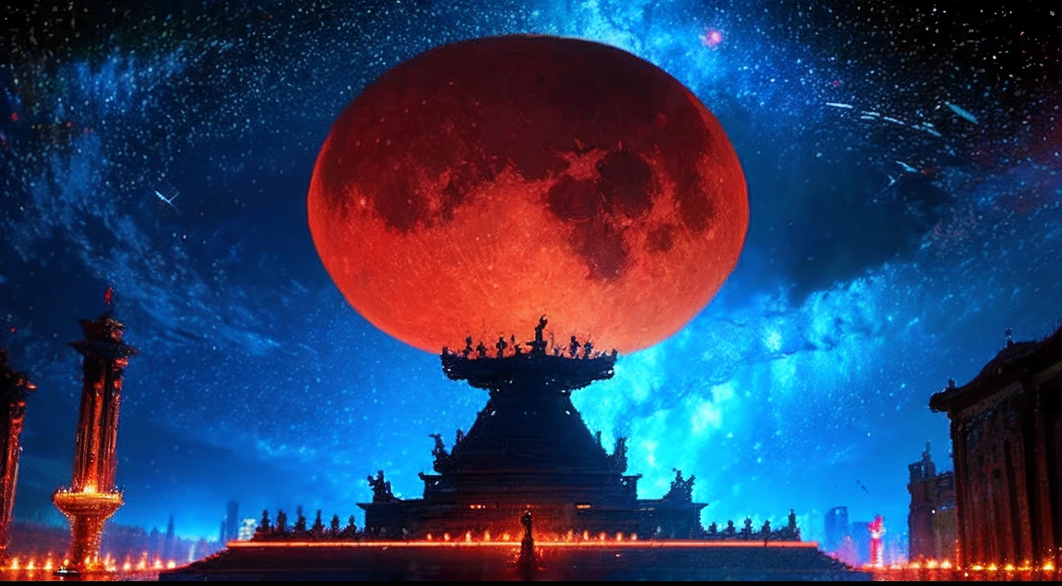 pixel game,scenography,fantastical scenes,Red Moon,Space Opera House,levitating, Pixel art #pixelart