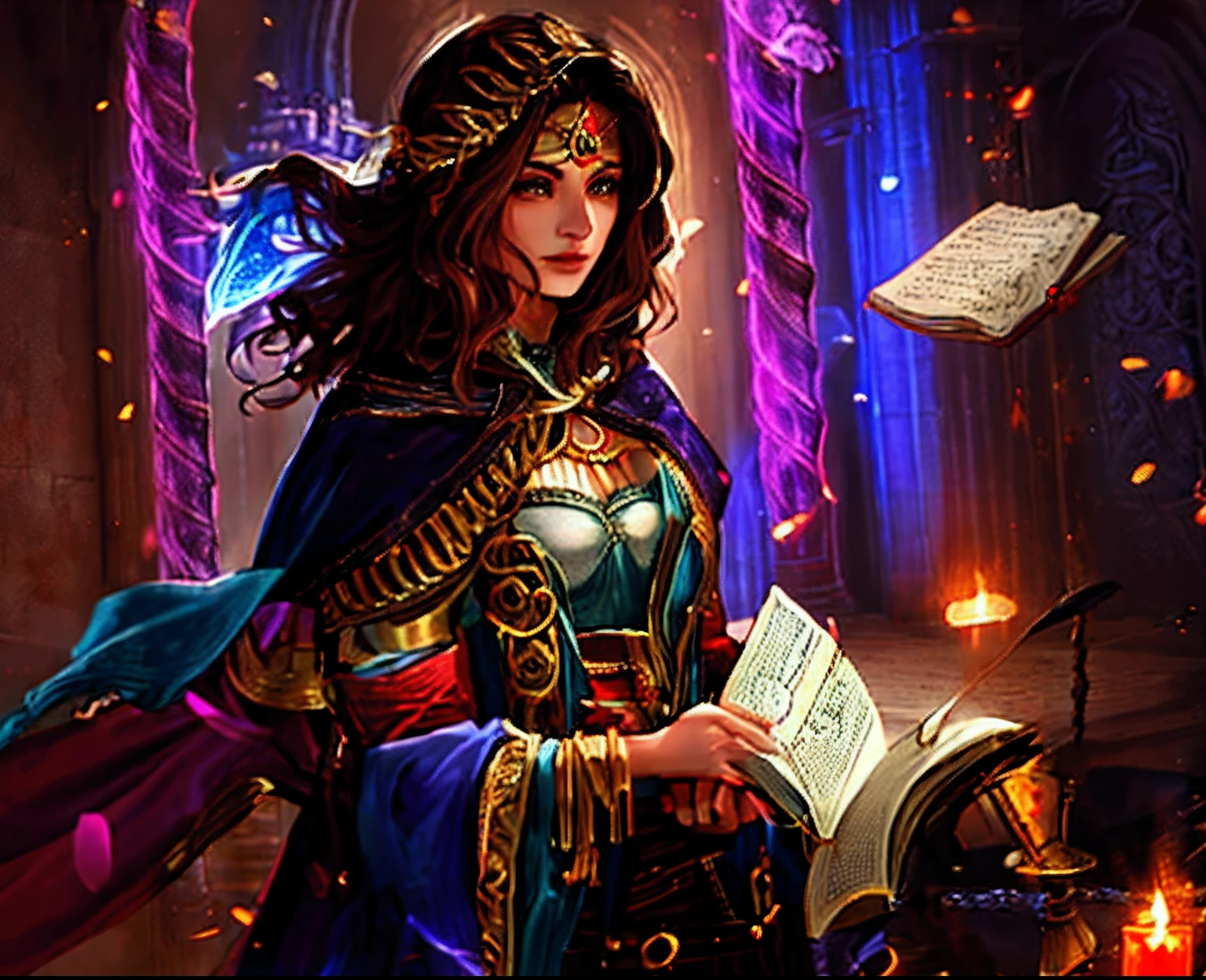 Imagen de una mujer con una espada y un libro, Maya Ali como D&D Hechicero, Dark fantasy magician, Retrato de una maga, Maya Ali como D&D Hechicero, Retrato de un mago, Retrato de una hechicera, Magic The Sorceress Gathering, Maga femenina conjurando un hechizo, Manos perfectas, cara perfecta