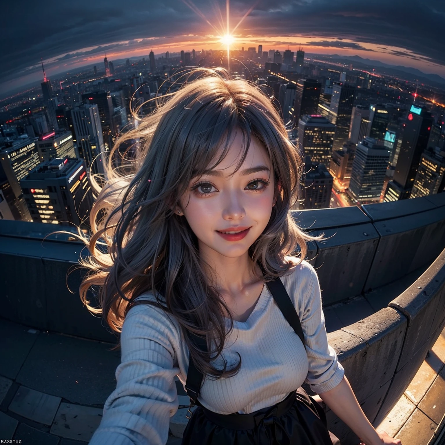 xx Remix Girl,1girll, fish eye, self-shot, Wind, Messy hair, Sunset, Cityscape, (Aesthetics and atmosphere:1.2), Gray hair,Smiling,Movie girl