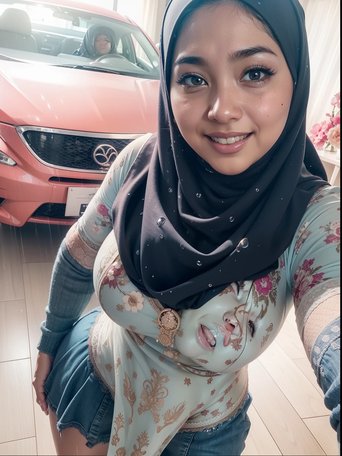 Portrait photo of a matured chubby malay girl, curvy, (laughing:1.2), hijab,malaysian, posing, look at a camera, nerd, spectacle, wear pink panties and bra, wearing glasses, full body, room background, big breast,nighttime, backlit, epic realistic, hyper detailed, detailed skin texture, mole below eye, natural skin texture, mole in body, insane details, intricate details, accent lighting, soft volumetric light, bokeh, (dramatic light:1.2), (neutral colors:1.3), cross process, living room background, ((detailed realistic face and eyes)), good lighting, 8K resolution, Legs Wide Open, spread Legs, lying on bed, Liquid from the Crotch, Blushing, fat, wet body, wet cleavage, very wet body with water,  on the side, penetration,