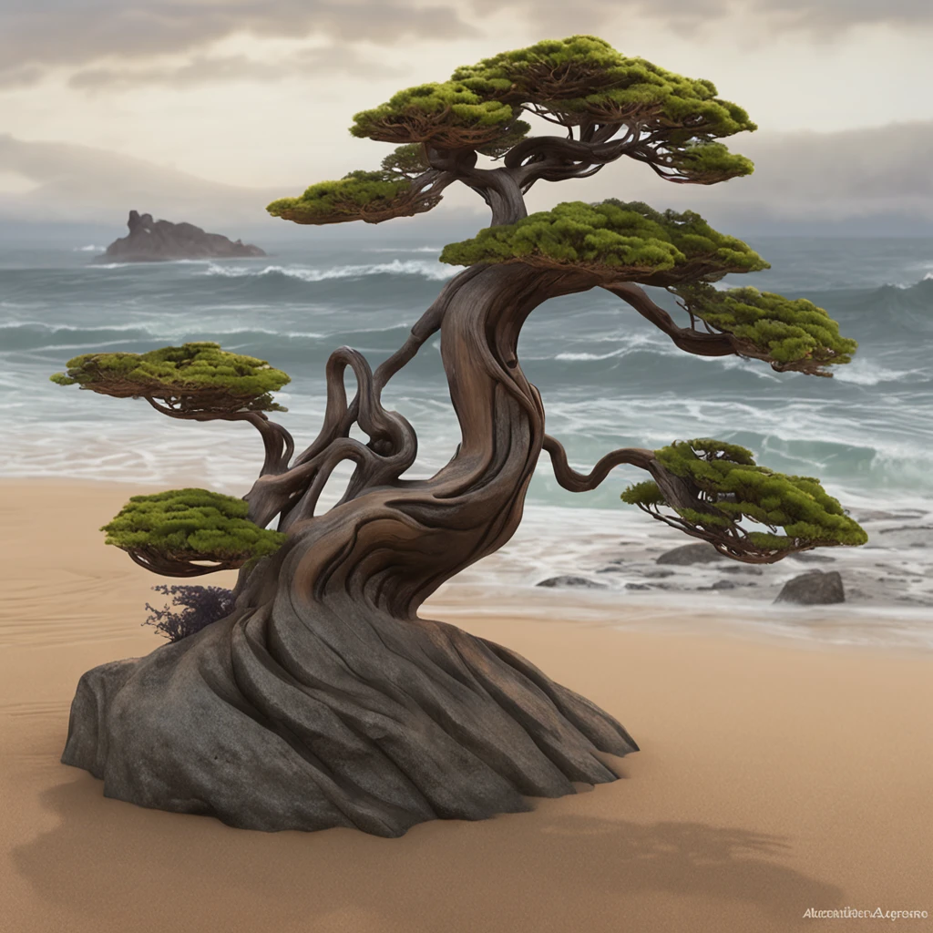 painting of a pruned low Cedar bonsai by the sea with waves. Compact and low windblown Cedar tree on lush eroded dune, surrounded by flowers. misty moisty morning sunrise. One single horizontal curved trunk, thick trunk, roots grabbing around stone, dynamic composition, low center of gravity. Minimalist bonsai style. Detailed painting by Alexandre Calame, Albert Bierstadt,Alfred Augustus Glendening, Van Gogh. long-shot. lagune.