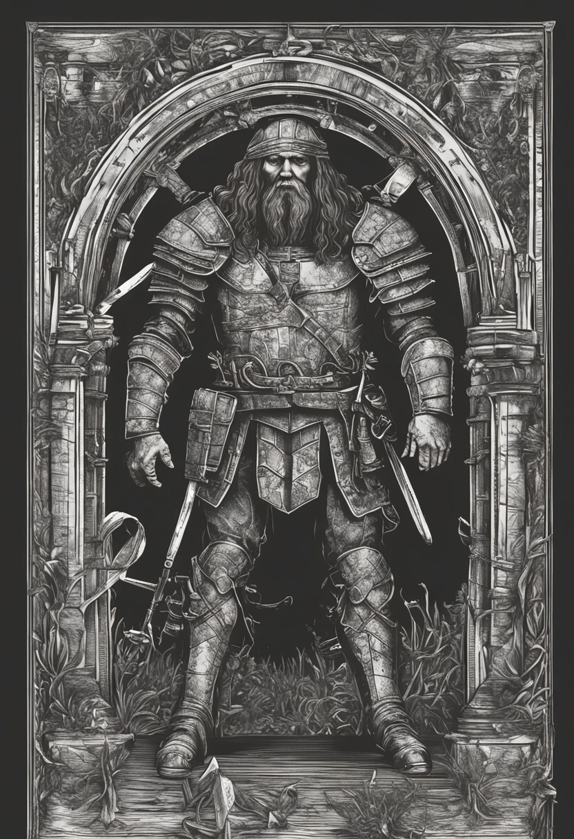 Quadro estilo leonardo da vinci, guerreiro, espada, armadura escura, preto, sangue, blast, noite