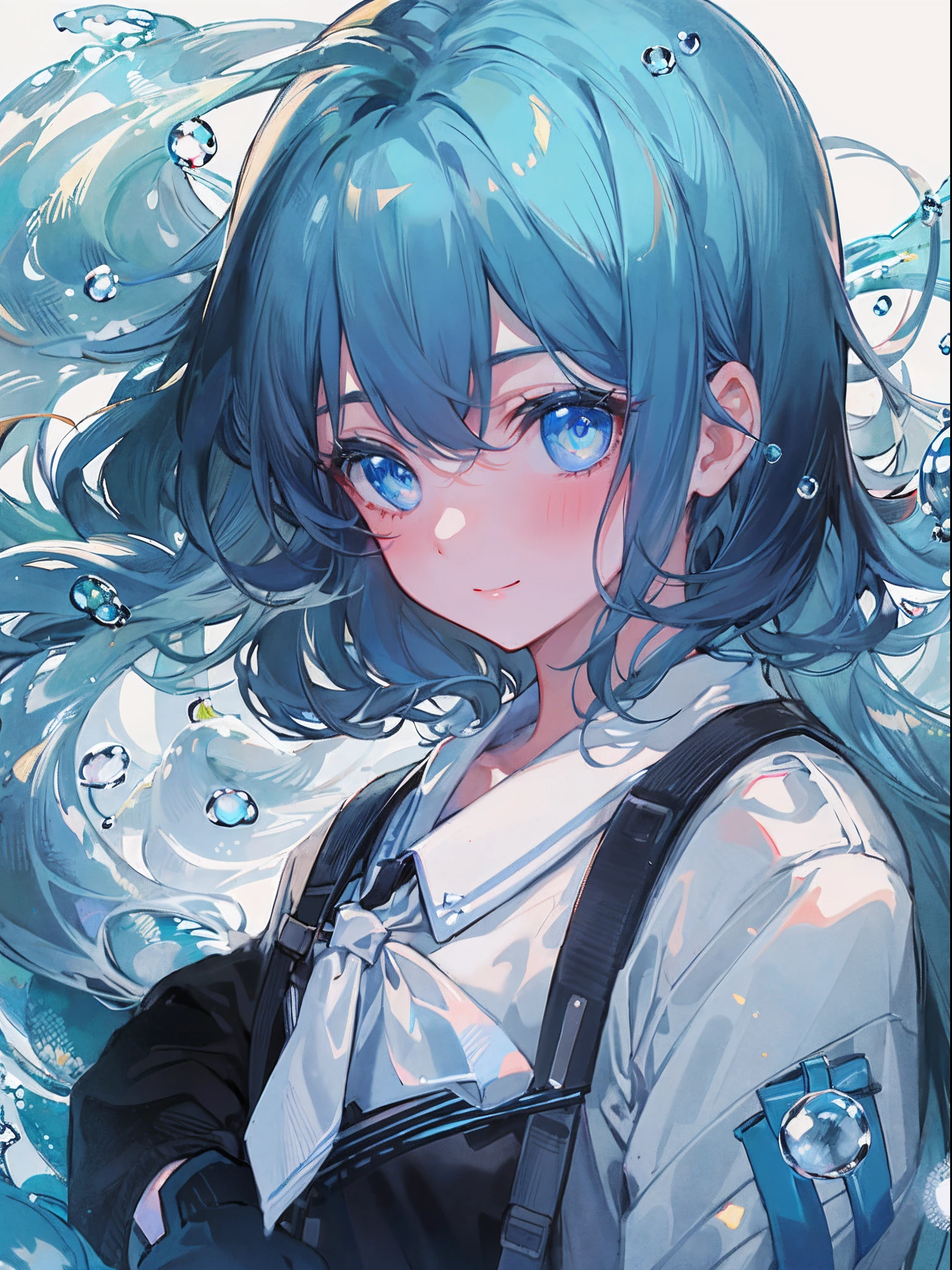 ((top-quality)), ((masterpiece)), ((ultra-detailliert)), (extremely delicate and beautiful), girl with, 独奏, cold attitude,((Black jacket)),She is very(relax)with the(Settled down)Looks,A dark-haired, depth of fields,evil smile,Bubble, under the water, Air bubble,bright light blue eyes,Inner color with light blue hair and dark blue tips,Cold background,Bob Hair - Linear Art, shortpants、knee high socks、White uniform like school uniform、Light blue ribbon ties、Clothes are sheer、Hands in pockets