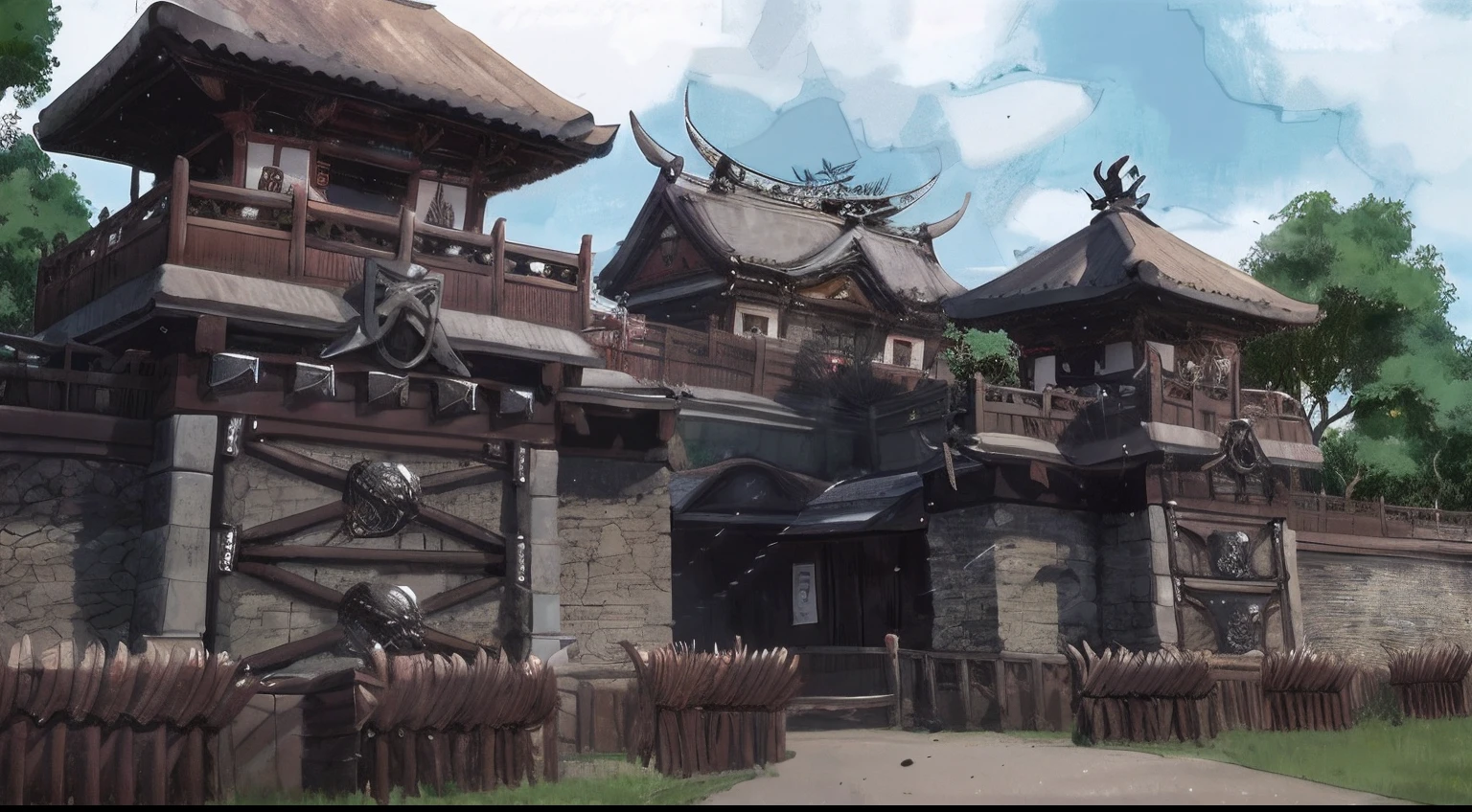 There is a picture of a building with gates and fences, feudal japanese setting, traditional japanese concept art, Anime landscape concept art, feudal japan art, Japanese village, japanese town, scenery game concept art, concept art highly detailed, painted as a game concept art, 2d game environment design, attack on titan scenery, concept-art, concept-art