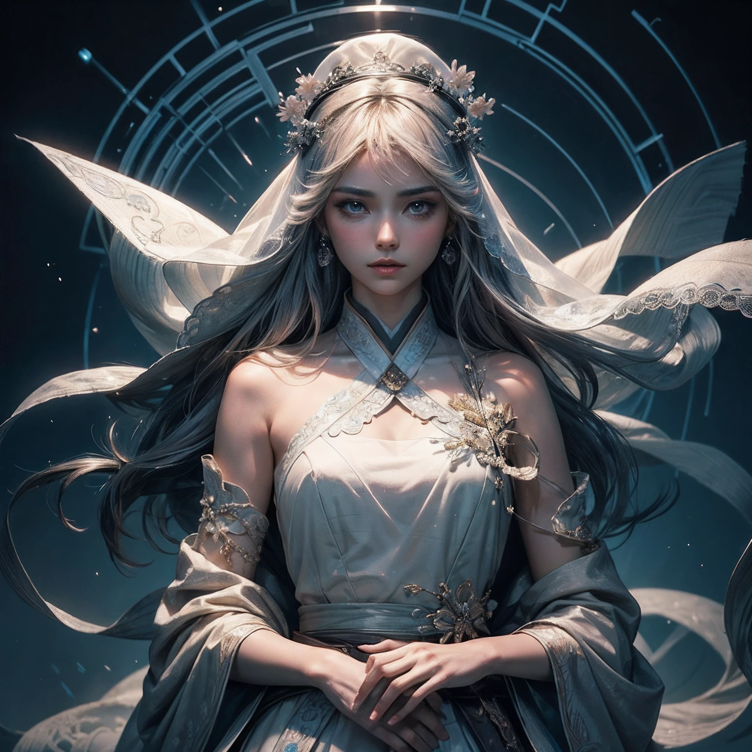 best qualtiy:1.3,ultra - detailed:1.3,tmasterpiece:1.2,finedetail:1.2,hight resolution,8k wallpaper),(cinematic lighting texture:1.2,Beautiful:1.2,impeccable)(Hanfu,full-body view,Delicate and delicate garment details:1.2),(Slim body,White-colored skin:1.2),(cabelos preto e longos,bluntbangs,us),(mesmerizing eyes:1.1), Upper body close-up