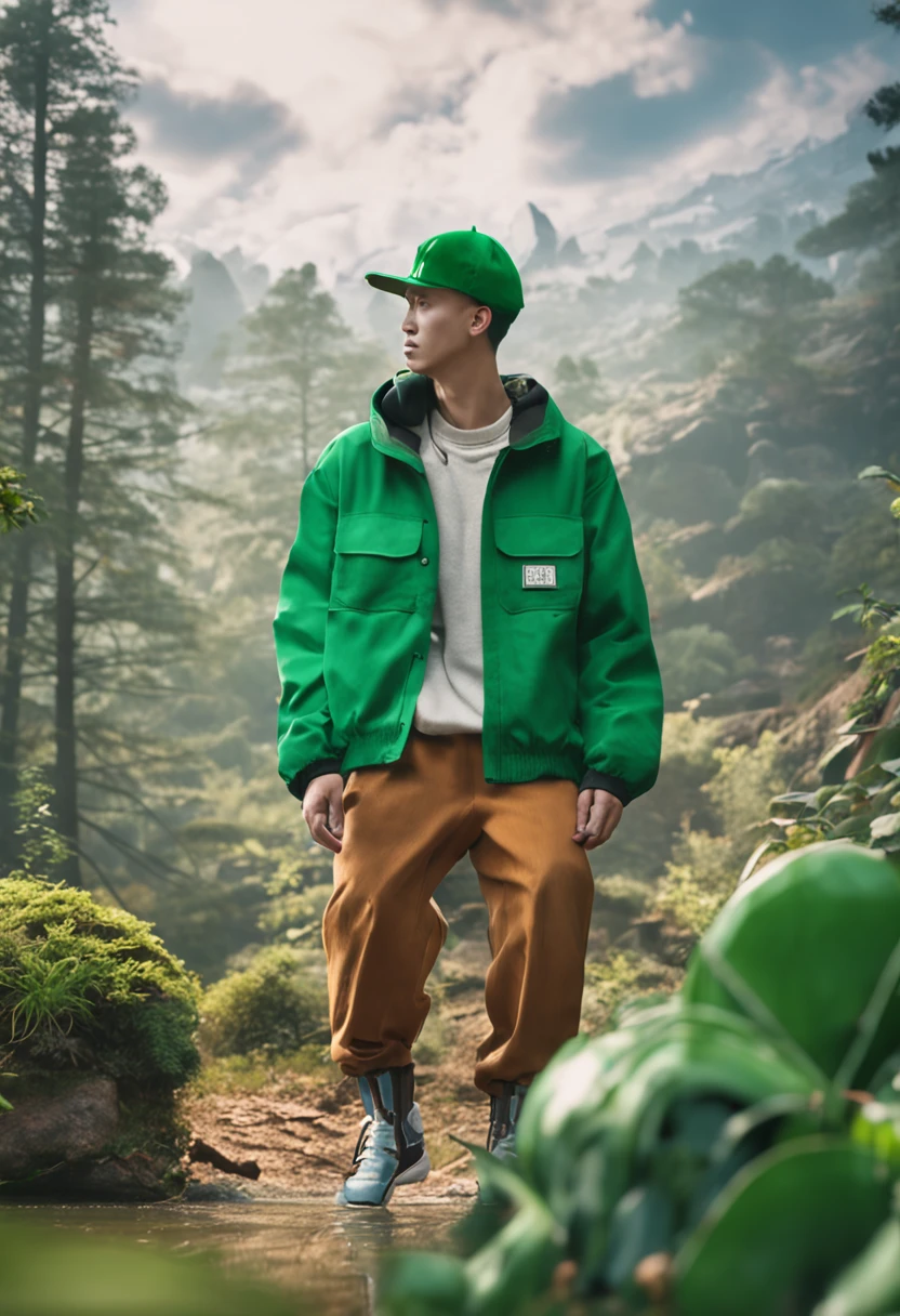 3D tide play，Green overalls，The hat is the silhouette of the Wutong Mountain logo