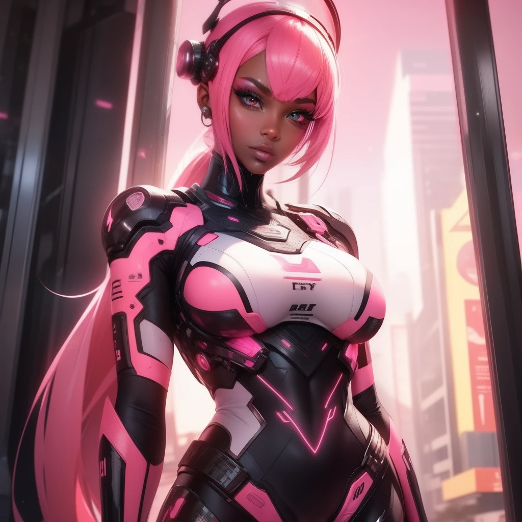 A cyborg beauty girl, pink theme, wearing a trouser, brown skin
