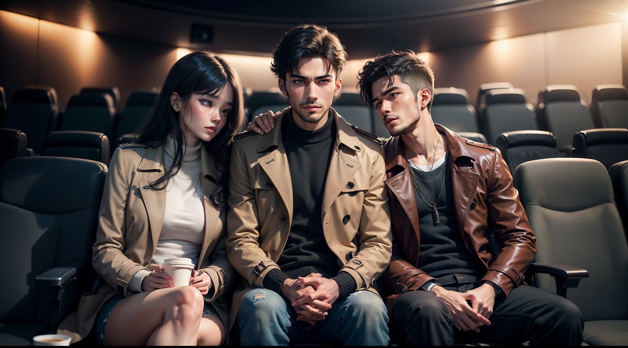 A man is now watching a movie in a cinema hall with friends,Masterpiece, Best quality, Very verbose 1.5),28 year old,Comely,flathead,realisticlying,black color hair,Wear a brown trench coat on the upper body,White tall sweater,Wear jeans on the bottom,Asian people