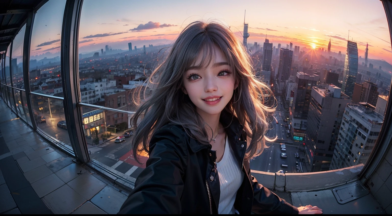 xx Remix Girl,1girll, fish eye, self-shot, Wind, Messy hair, Sunset, Cityscape, (Aesthetics and atmosphere:1.2), Gray hair,Smiling,Movie girl