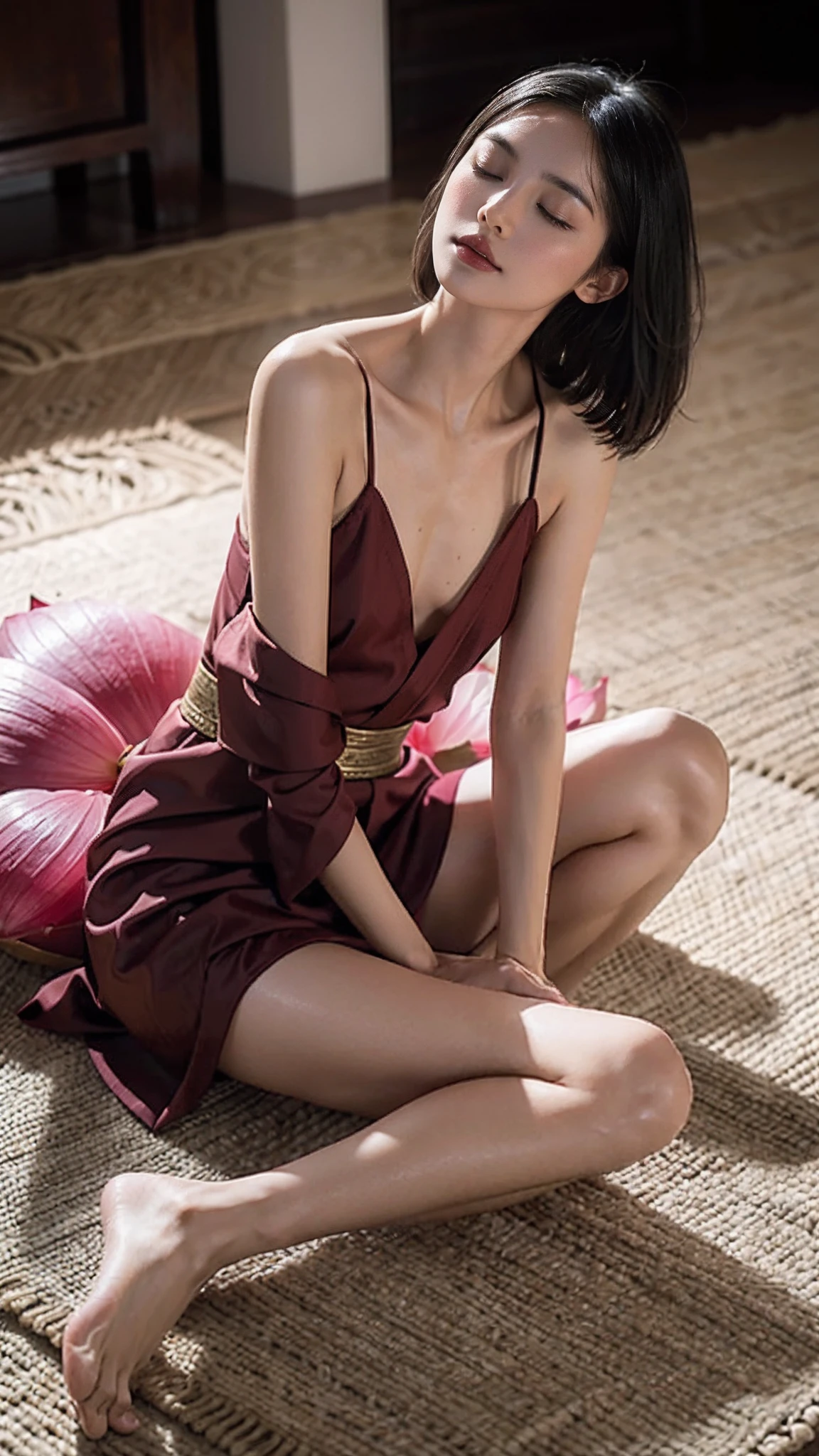 (Small underboob,Tomboyish,small heads)),  (perfect bodies: 1.1), (short-length straighthair: 1.2), Black hair,attractive collarbone，（极其细致的CG 8k壁纸），（Extremely refined and beautiful），（tmasterpiece），（best qualtiy：1.0），（超高分辨率：1.0），upper body photos，[A high resolution]，Smooth and flawless fair skin，ultra - detailed ，Elongated legs，（Small breasts:1.1),Flat chest,Slim，emaciated，Gorgeous Buddhist robes，In the main hall of the temple，Rightfully Lotus sits cross legged on a large lotus flower，（A large pink lotus flower：1.5），The girl is floating on the large lotus flower in the air，from front，Close-up，Sitting in meditation，eyes closed，kindly