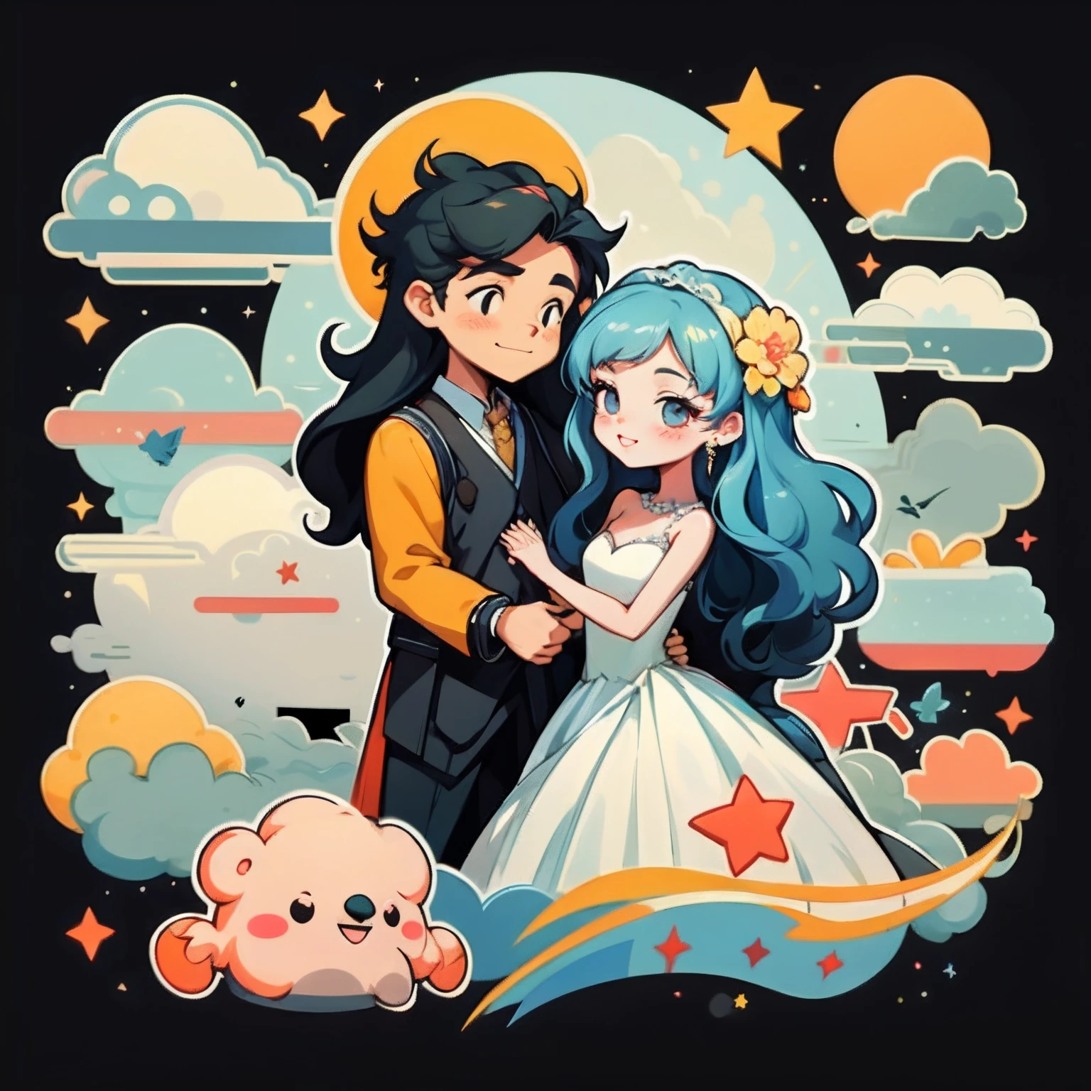 1sticker，a sticker， National style，（1 boy and 1 girl）（Cute girl），(Gorgeous wedding dress)，（Modern wedding dresses），（Girl with long black hair，A yellow garland is worn on his head），SakuraNS，Clouds，Behind it is a huge round moon，stars， white backgrounid， Exquisite background， dk， delicated，adolable， small， pastel colour， vectorstyle， no gradien