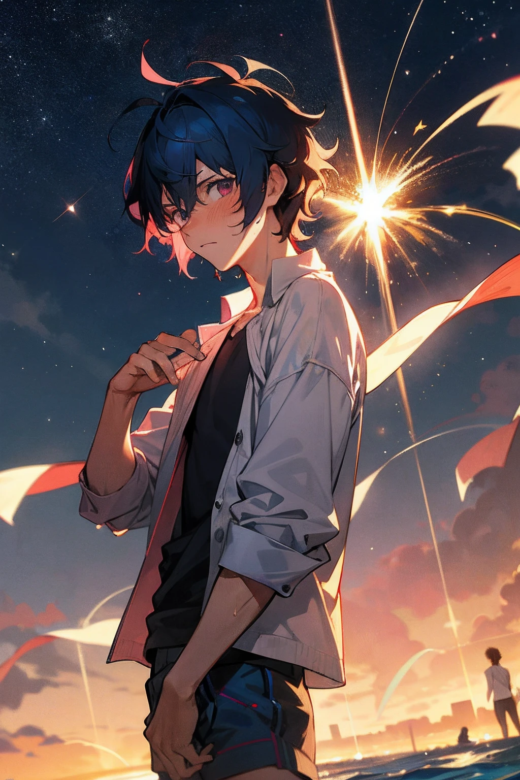 1 male, High school students, portlate, Subrealismo, Detailed background, Beach background, sparklers, Starry sky, Night, Intense angle, Looking at Viewer, Dark blue hair, Medium hair, Messy hair for men,Eyes are pink, endured face,Open Shirt, Men's swimming trunks, blush, Sweat, Wet, Best Quality, Highly detailed, masutepiece, official artwork, Subrealismo, HDR