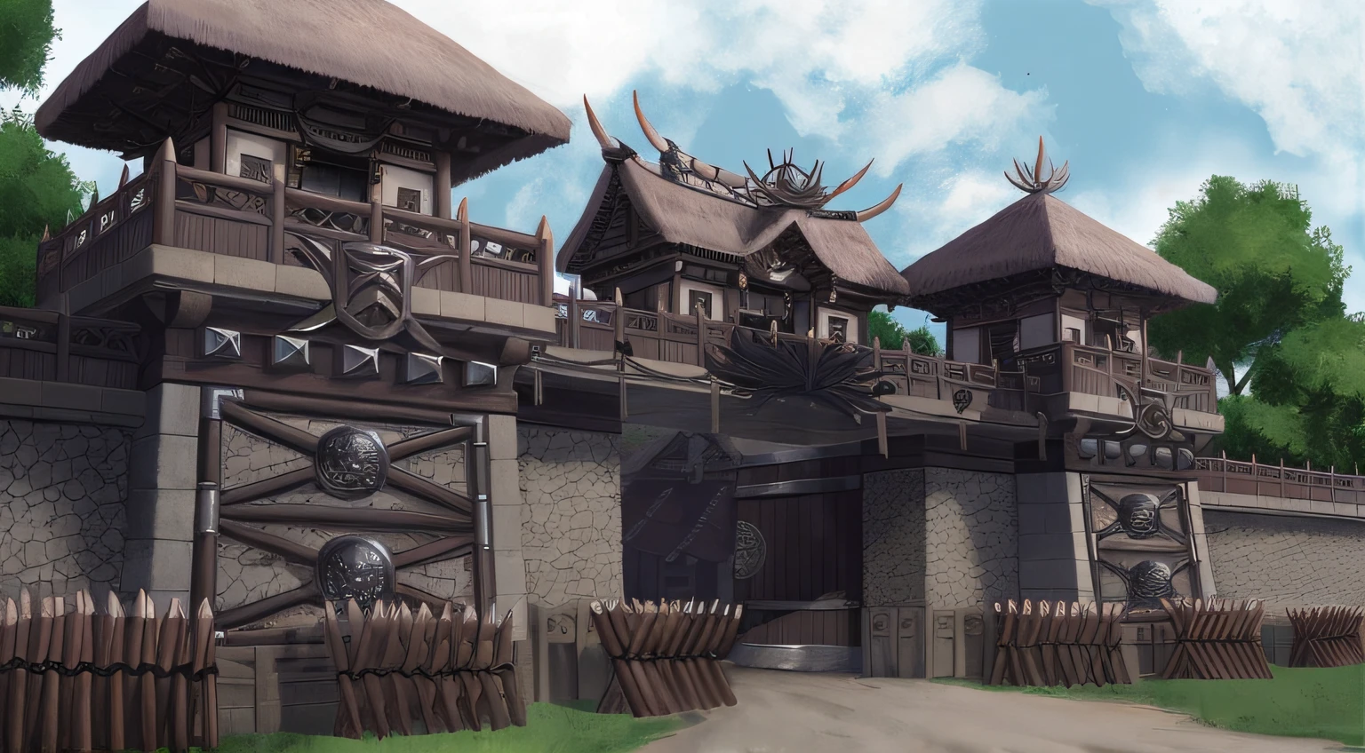 There is a picture of a building with gates and fences, feudal japanese setting, traditional japanese concept art, Anime landscape concept art, feudal japan art, Japanese village, japanese town, scenery game concept art, concept art highly detailed, painted as a game concept art, 2d game environment design, attack on titan scenery, concept-art, concept-art