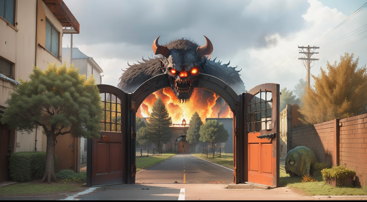 Giant Black Gate, Correntes , decorated with black statues of screaming demons,em uma sala branca vazia,fantasia sombria, realista