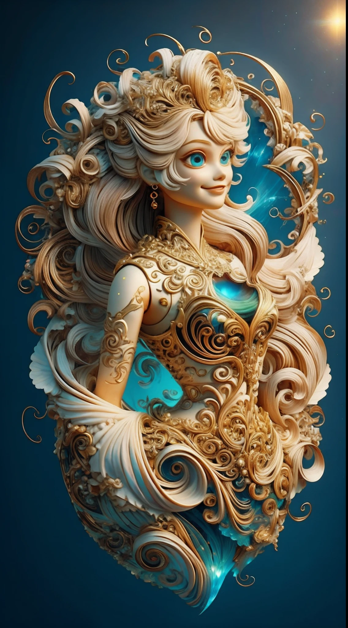((best qualtiy)), ((tmasterpiece)), ((Realistis)), sportrait,((Barbie )),full-body portraits, Um ser celestial, Deities, goddes, light particules, Halo,confident smile, exposed bare shoulders, Chest tube parietal, Poker face,(Bio-luminescence:0.9 Girls 5)the ocean, Bio-luminescence, Full of energy, vibrant with colors,,,,, colours, (Bio-luminescence, Bio-luminescence), (美丽的构图), 电影灯光, A wheel within a wheel, (对称:0.5 Girls), whimsically,