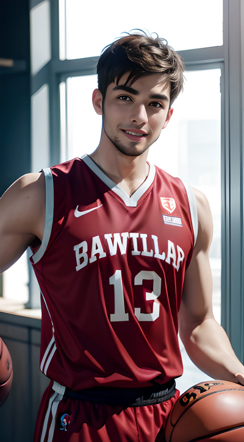 ((Men only)), (head shot), (Handsome muscle man in his 20s), (male basketball player), (smile), (detaile: 1 in 1), Natural muscles, HIG quality, beautidful eyes, (Detailed face and eyes), (Face、: 1 / 2), Noise, Real Photographics、... ..................................................................................................................PSD, Sharp Focus, High resolution 8K, realisitic & Professional Photography, 8K UHD, Soft lighting, High quality, Film grain, FujifilmXT3