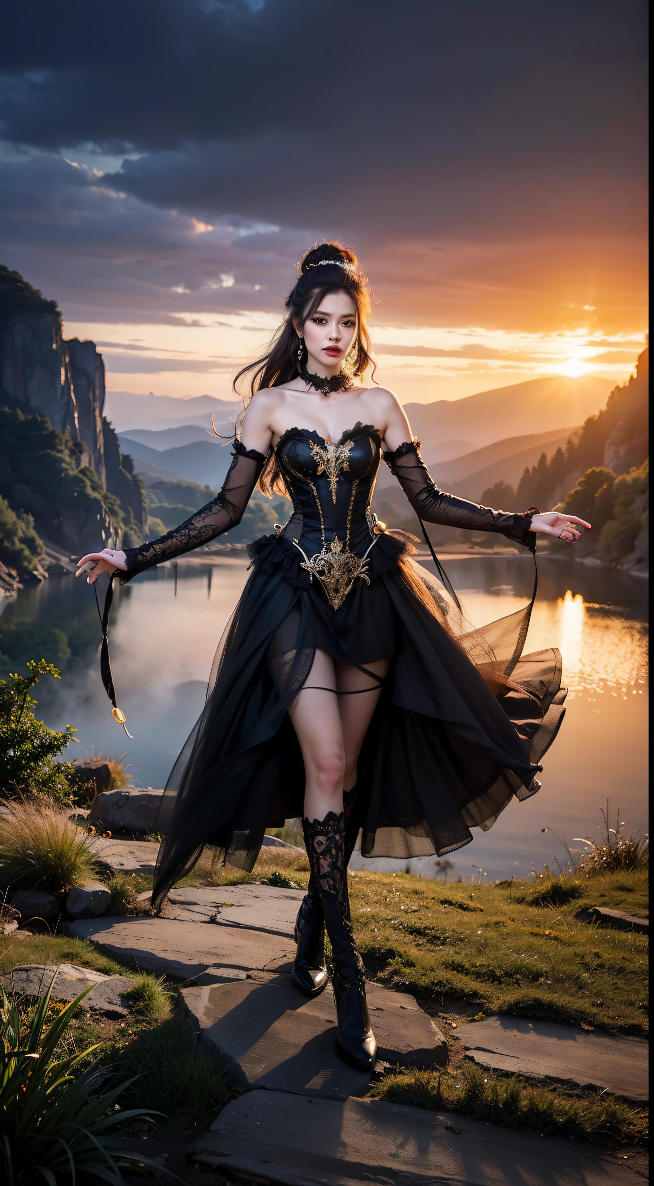 Full-length view, stunning beautiful Asia model, hyper-detailed eyes and face, extreme angle, perfect makeup. Art by Chrissy Zullo, illustrations characterized by a distinct mix of whimsical elements with darker undertones, with predominantly female characters in stylized form with elongated limbs, the work is highly detailed and uses a bold color palette, combining natural and fantastical elements, giving the characters a sense of an otherworldly, dreamlike quality, that captures the imagination and emotions of the audience. portrait, full body,
