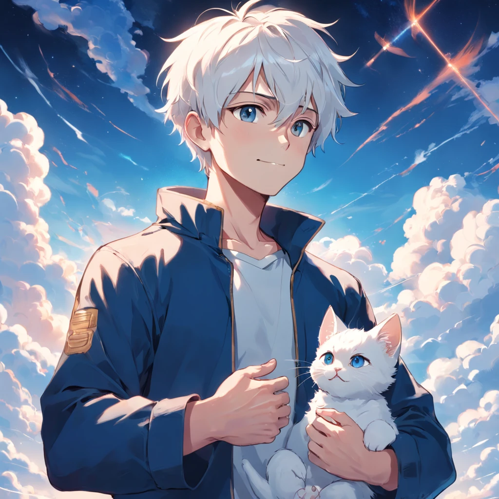 Man looking at the little white kitten,The man is on the left,The cat is on the right,Boys with headphones,ssmile,The background is blue sky and white clouds