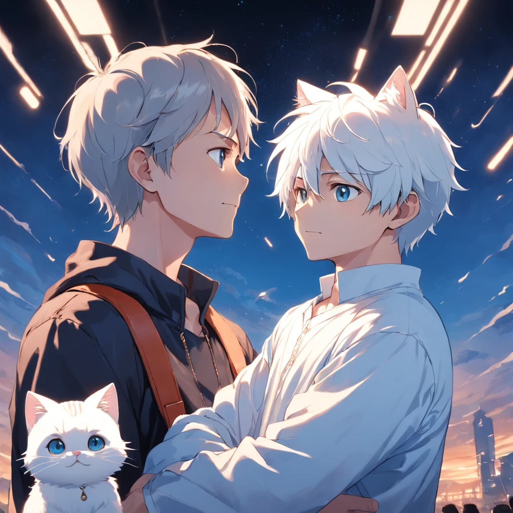 Man looking at the little white kitten，The man is on the left，The cat is on the right，Boys with headphones，ssmile，The background is blue sky and white clouds
