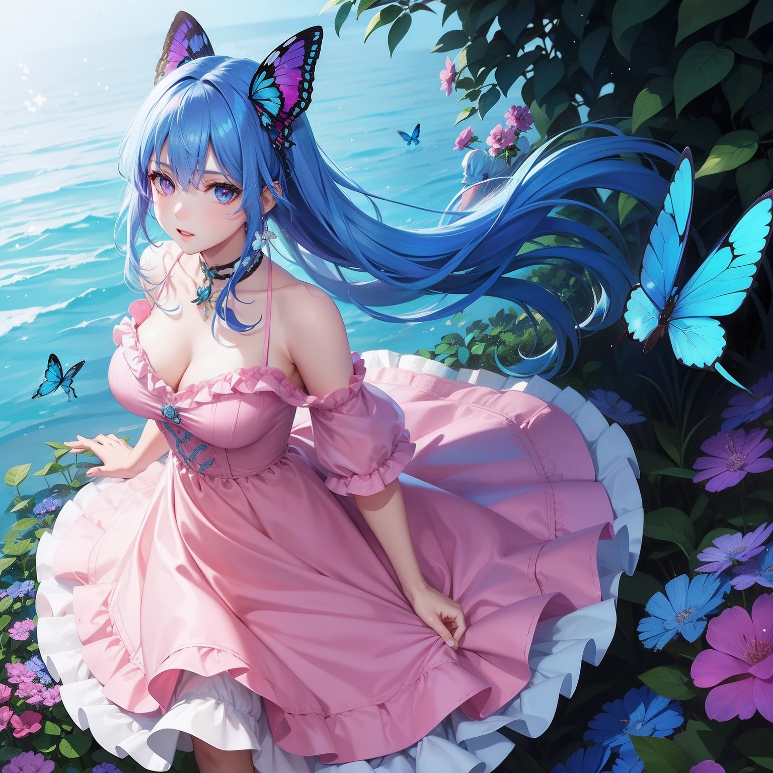 a women, blue butterfly, blue hair, pink eyes, pink dress