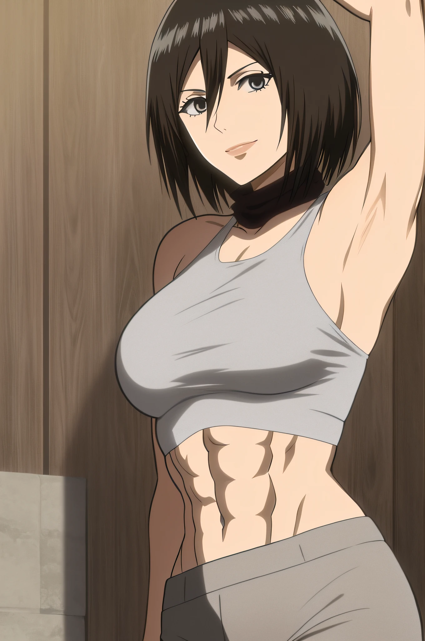 deslumbrante, armpits, detalles intrincados, 1girl, Mikasa Ackerman, (cabello ?????:1.3), pelo entre los ojos, pelo corto, patillas, labios, cerrar, solamente, labios, Obra maestra, La mejor calidad, , bathing, pezon, ojos negros, , black eyes, muscle, medium breasts, sonrisa, muscular, musculoso femenino, ABBS, musculatura