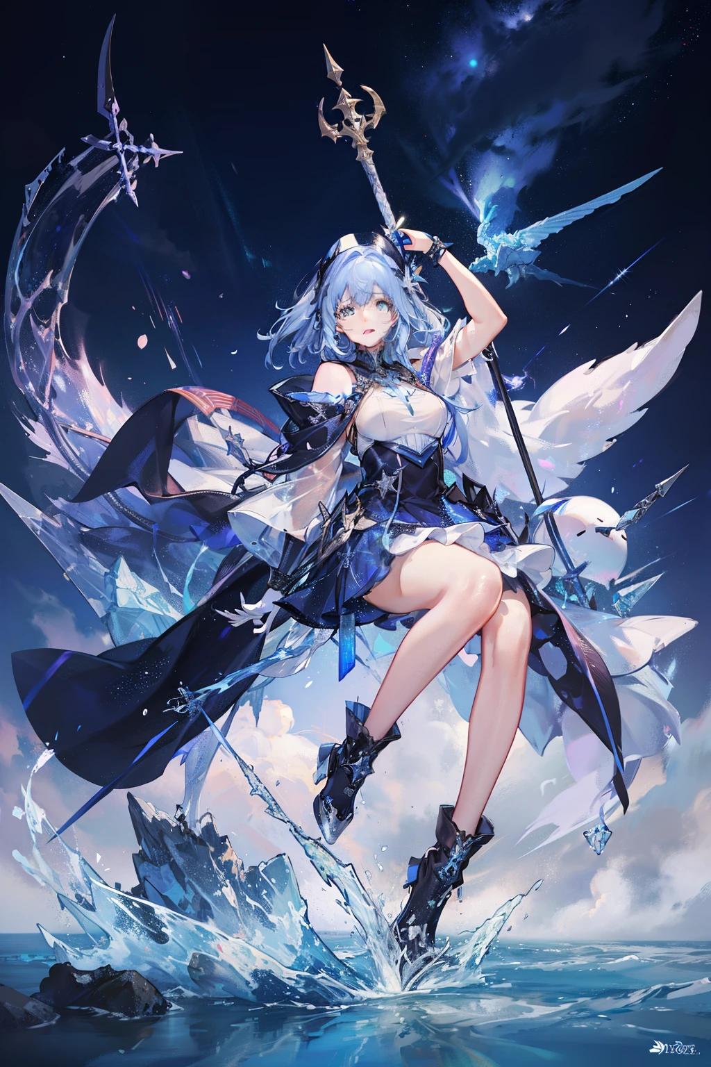a girl, blue curly hair, long blue and white dress, holding giant magic gwen of league of legends scissors , presentation pose 