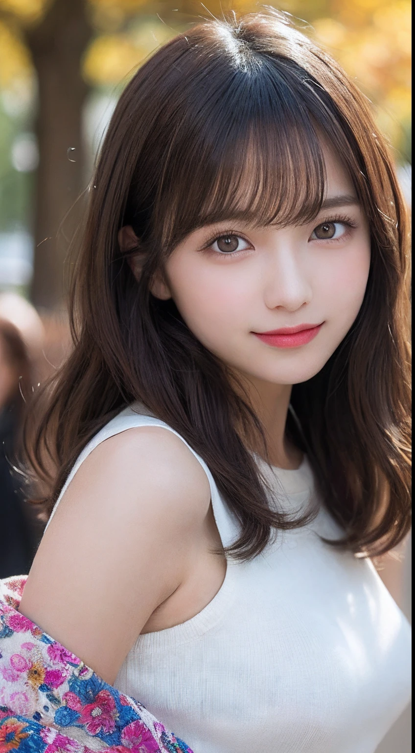 masutepiece, Best Quality, Illustration, Ultra-detailed, finely detail, hight resolution, 8K Wallpaper, Perfect dynamic composition, Beautiful detailed eyes, Women's Fashion Autumn,Medium wavy hair,small tits、Natural Color Lip, Bold sexy poses,Smile,Harajuku、20 years girl、Cute、Sexy shot looking at camera