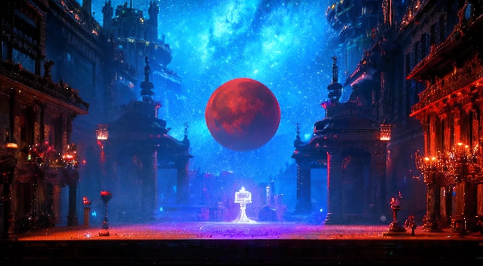 pixel game,scenography,fantastical scenes,Red Moon,Space Opera House,levitating, Pixel art #pixelart